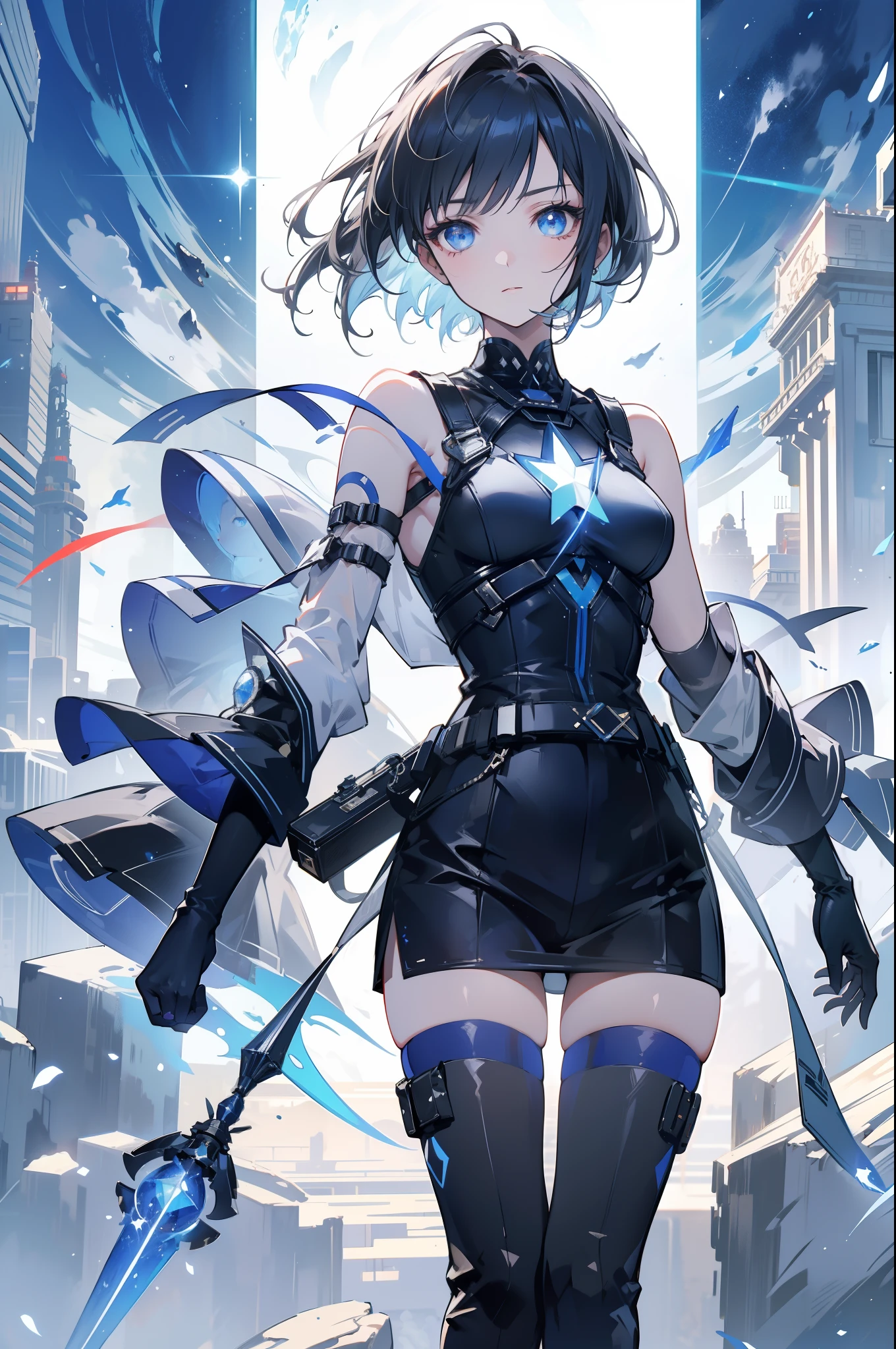 1 rapariga, Medium Shot Shot, ((full bodyesbian)), (Terrible atmosphere), Tyndall effect, (The balance and adjustment of all things), absurderes, Blue Flame, Plasma, Particle effect, Crystal clear texture, Star_ (Skysky\), kosmos, Starry_sky, Blue_Eyes, galaxias, 独奏, short_Hair, earth_\(planetes\), illuminating, optic, dynamic angle, depth of fields, Light and shadows, Realistic light and shadow, diffused reflections