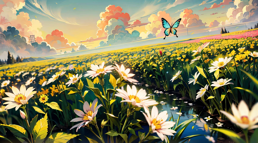 (Mono Color:0.9),(a color:1.1),(tmasterpiece:1.2), best qualtiy, tmasterpiece, High- sharpness, Original, extremelydetailedwallpaper,From the picture, We can see the trees on the shore towering into the clouds,The branches are full of flowers,Flocks of butterflies dance among the flowers,In this garden-like world,It looks even more beautiful and sacred,cinema shot