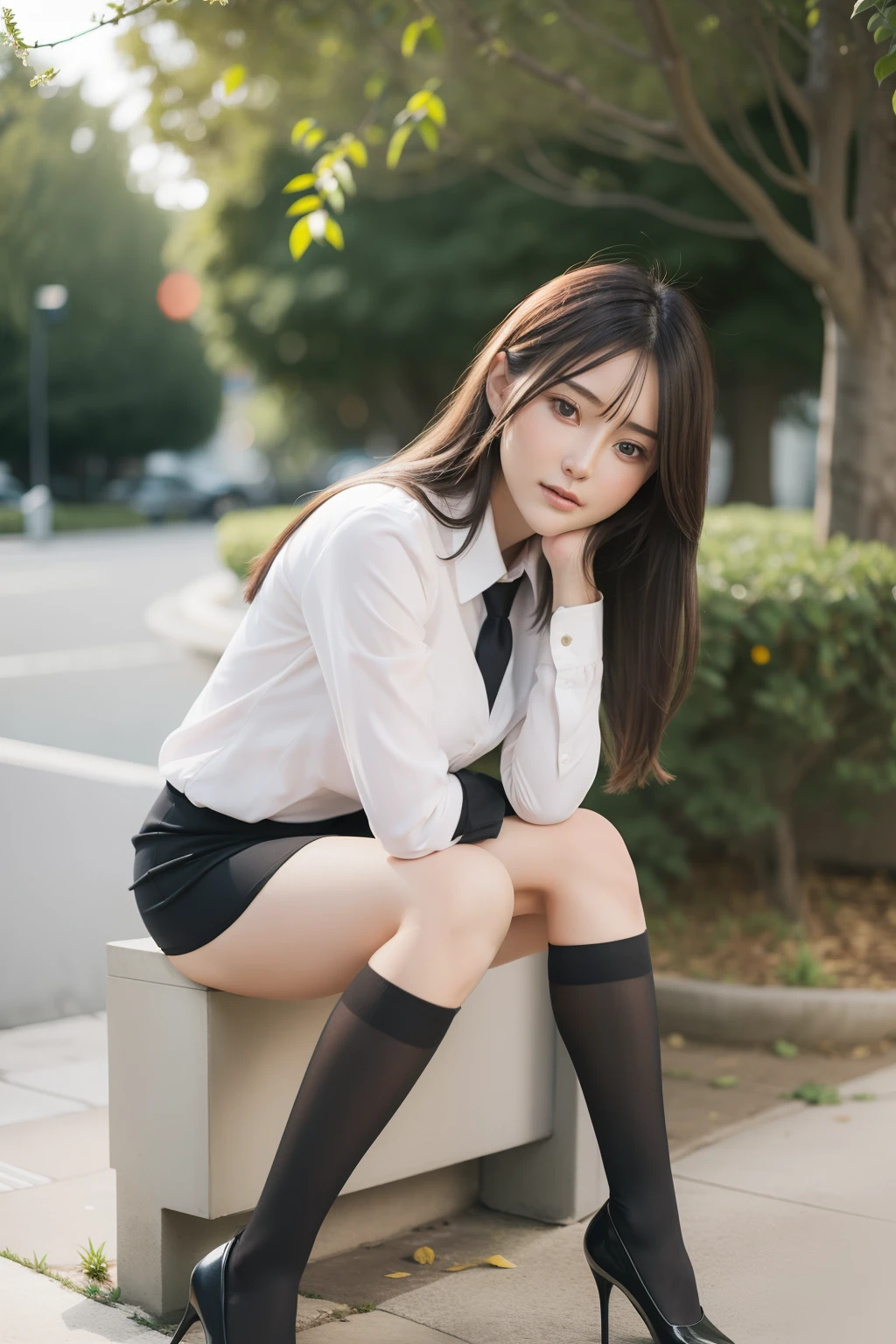 Best quality, full body portrait, delicate face, pretty face, 25 year old woman, slim figure, small bust, OL uniform, office clothes, black stockings, outdoor scene, sitting position