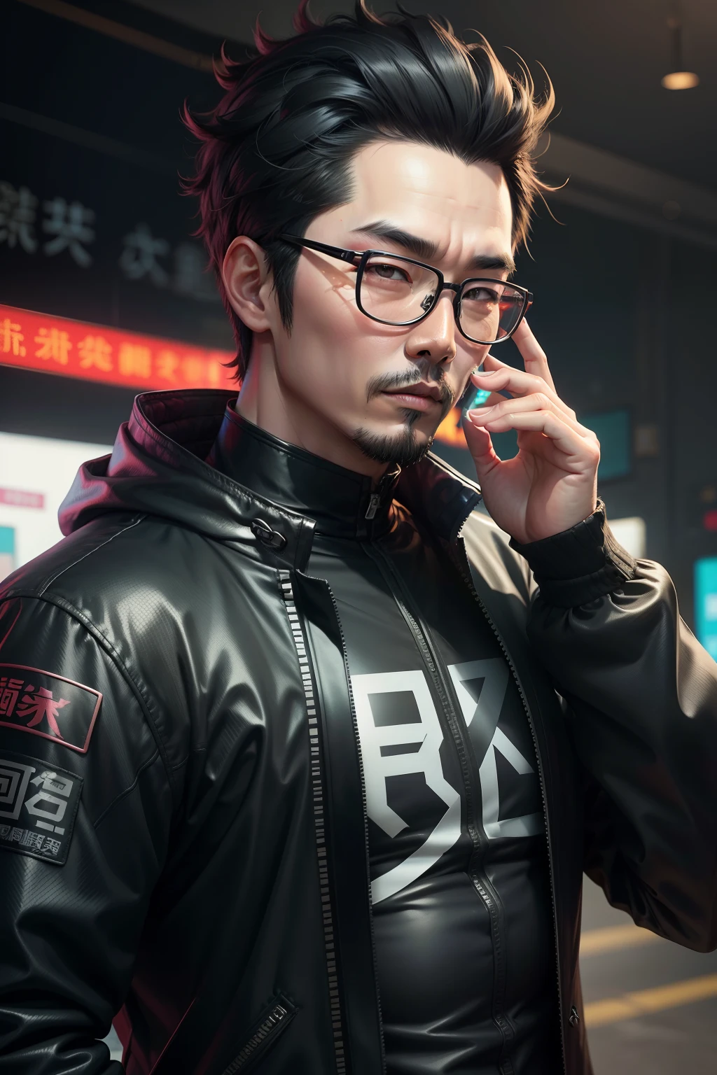 Chinese Daddy Slightly Chubby Black Framed Glasses Cyberpunk