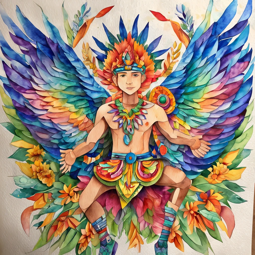 (FULL BODYSHOT:1.4), colorfull background, (1 runner boy,Glowing wings, Halo, Exquisite headdress, Smile), (paper art, Quilted Paper Art, Geometry), highly colorful