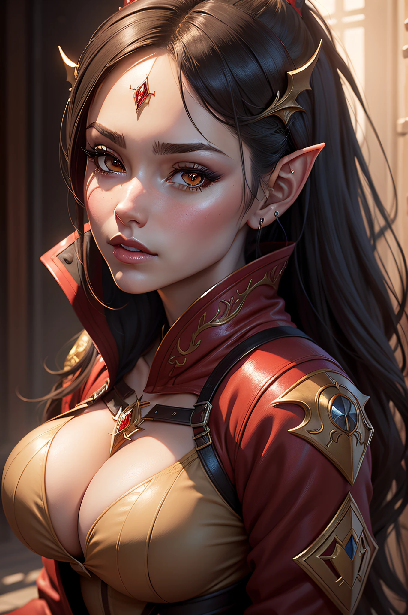 Close up portrait of woman with very big breasts in red jacket, 2. 5 d cgi anime fantasy artwork, portrait of an elf queen, very detailed Artgerm, ArtGerm ; 3d unreal engine, Dark Elf Princess, wlop rossdraws, ig model | ArtGerm, Alexandra Fomina Artstation, a beautiful succubus A hyper-realistic Precision Details unrealengine