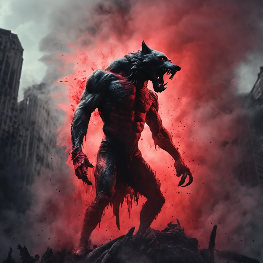 Bloody Smoke emanating from the background Werewolf standing in a menacing pose with an outstretched claw and ajar wolf's mouth. Bleeding patterns on his arms. pointed nose