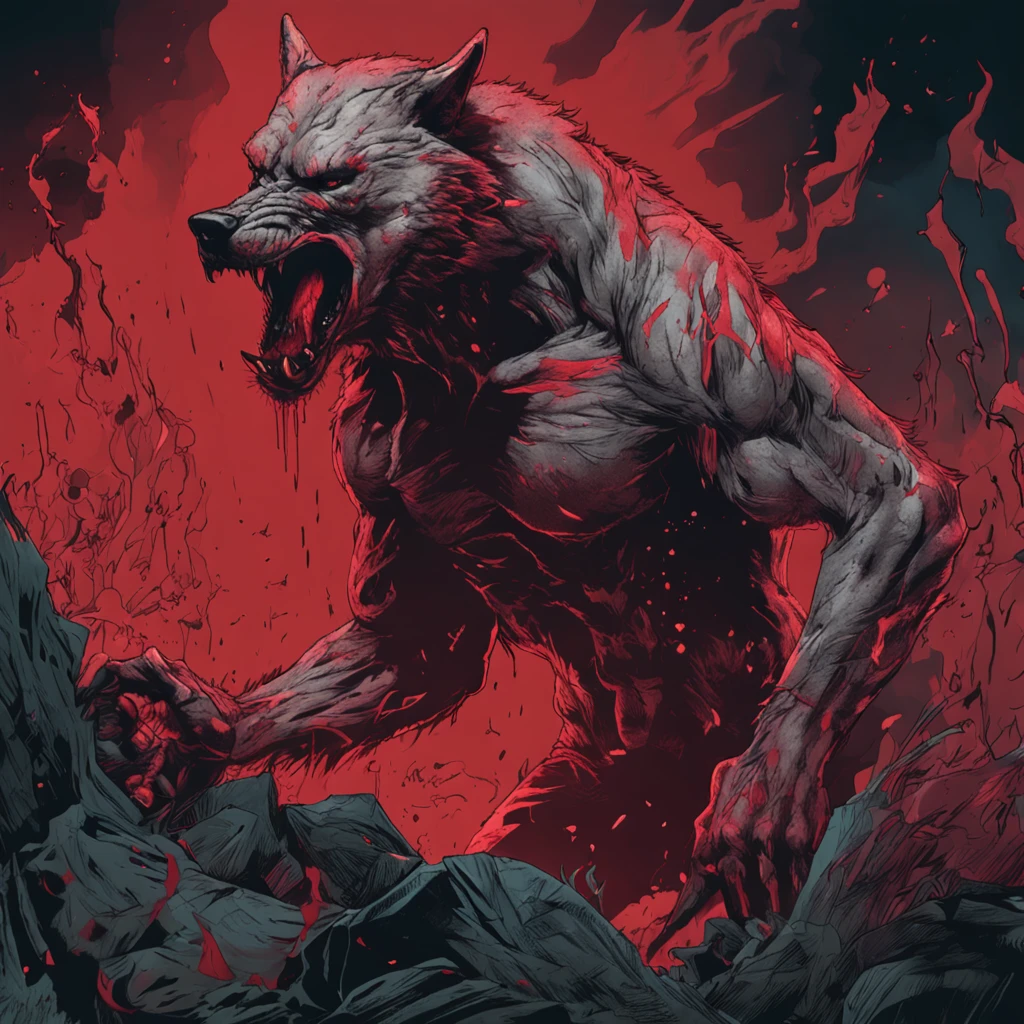 Bloody Smoke emanating from the background Werewolf standing in a menacing pose with an outstretched claw and ajar wolf's mouth. Bleeding patterns on his arms. pointed nose