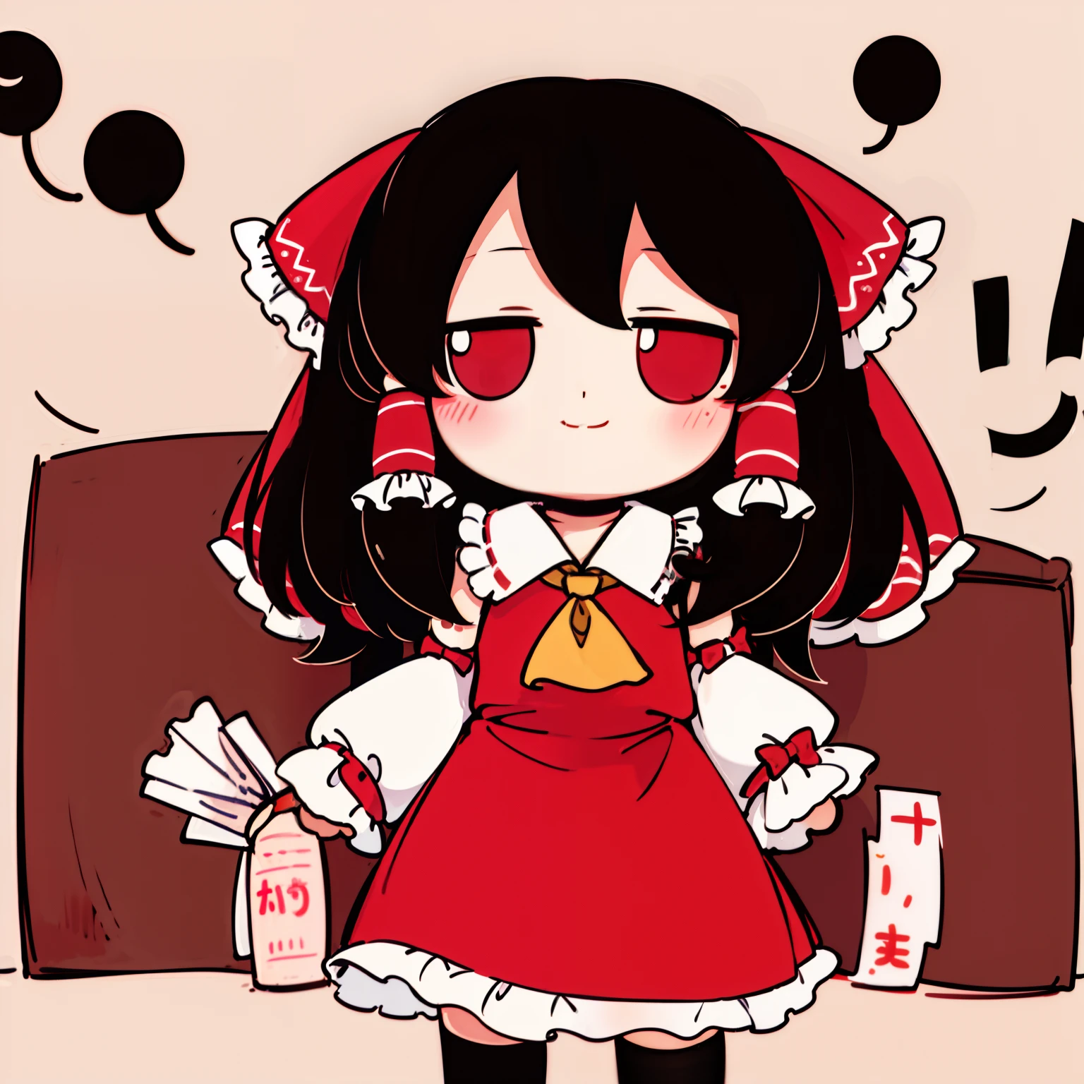 1chica, solo, Reimu Hakurei, cabello largo, vestido rojo, chispas, fumo, dollface, sentado