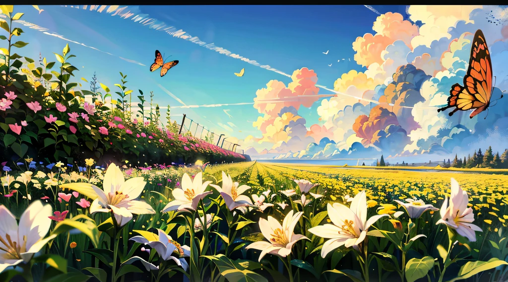 （Mono Color：0.9），（a color：1.1），（tmasterpiece：1，2）， best qualtiy， tmasterpiece， High- sharpness， Original， extremelydetailedwallpaper，From the picture, We can see the trees on the shore towering into the clouds，The branches are full of flowers，Flocks of butterflies dance among the flowers，In this garden-like world，It looks even more beautiful and sacred，cinema shot