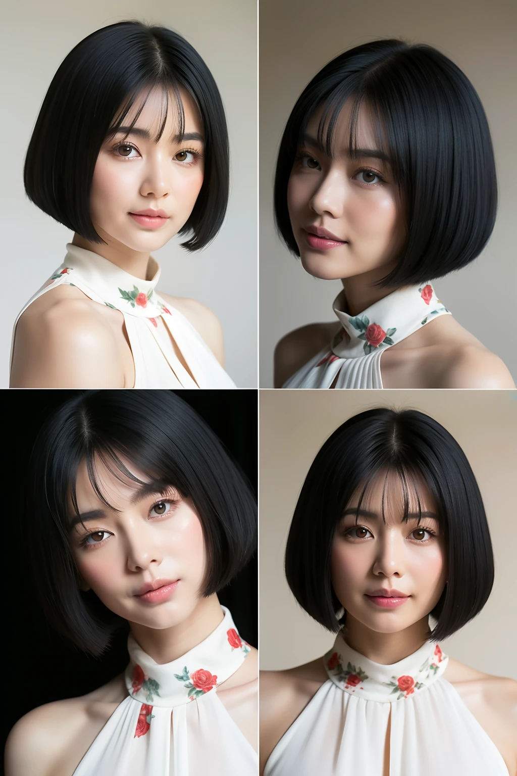 black hair, longeyelashes, anagl soft sunshine、Red roses in full bloom、A Japanese Lady、White floral buoyneck dress、Face the front and smile gently、Put your right and left hands on your chest、Hide teeth、The body is also facing forward、Bangs down、Short bob cut、yph, streaked hair, half-closed eyes, parted lips, Surrealism, drop shadow, stereogram, tachi-e, pov, atmospheric perspective, symmetry, 8k, super detail, ccurate, best quality, UHD