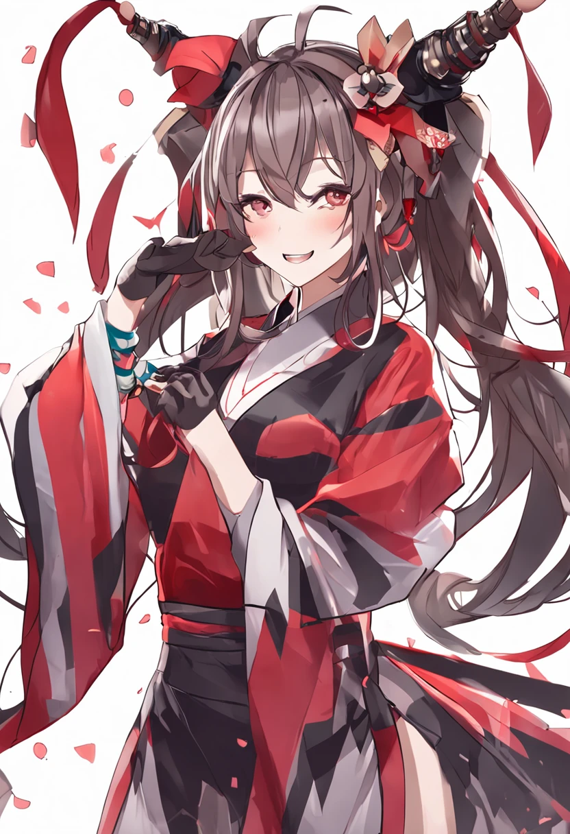 ((nakeness))(((ssmile:1.0, laughingly:1.0 ))), 1girl, solo, makeup, highres, huge tit:1.4, cleavage, looking at viewert, ssmile, By bangs, cropped shoulders, brunette color hair, 鎖骨, crossed bangs, Hair between the eyebrows, hair adornments, shairband, huge tit, Japanese style costume, huge tit, long whitr hair, masks, Wear a mask on your head, cropped shoulders, lips parted, red eyes, red kimono, Red ribbons, ribbons, striped ribbon, taihou\(azur lane\), twintails, Very long hair,Wide sleeves，（shiny skins），obi strip，the night，detailedbackground，Cyberpunk world，modern urban，neonlight，sfw：1.8，