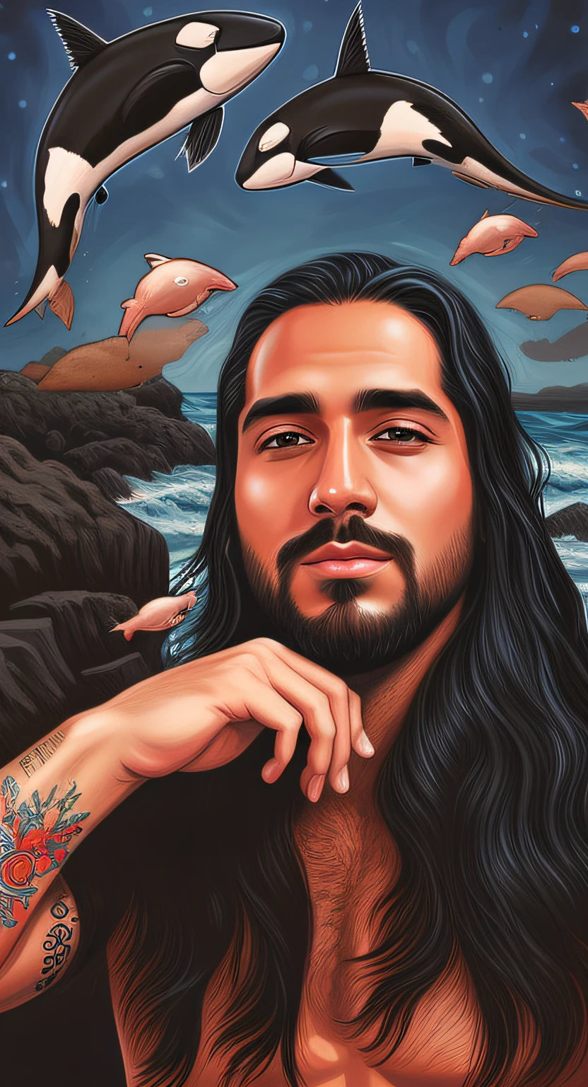 pintura de um homem com cabelos longos e barba e uma baleia, seabed digital art detailed digital illustration, arte digital estilizada