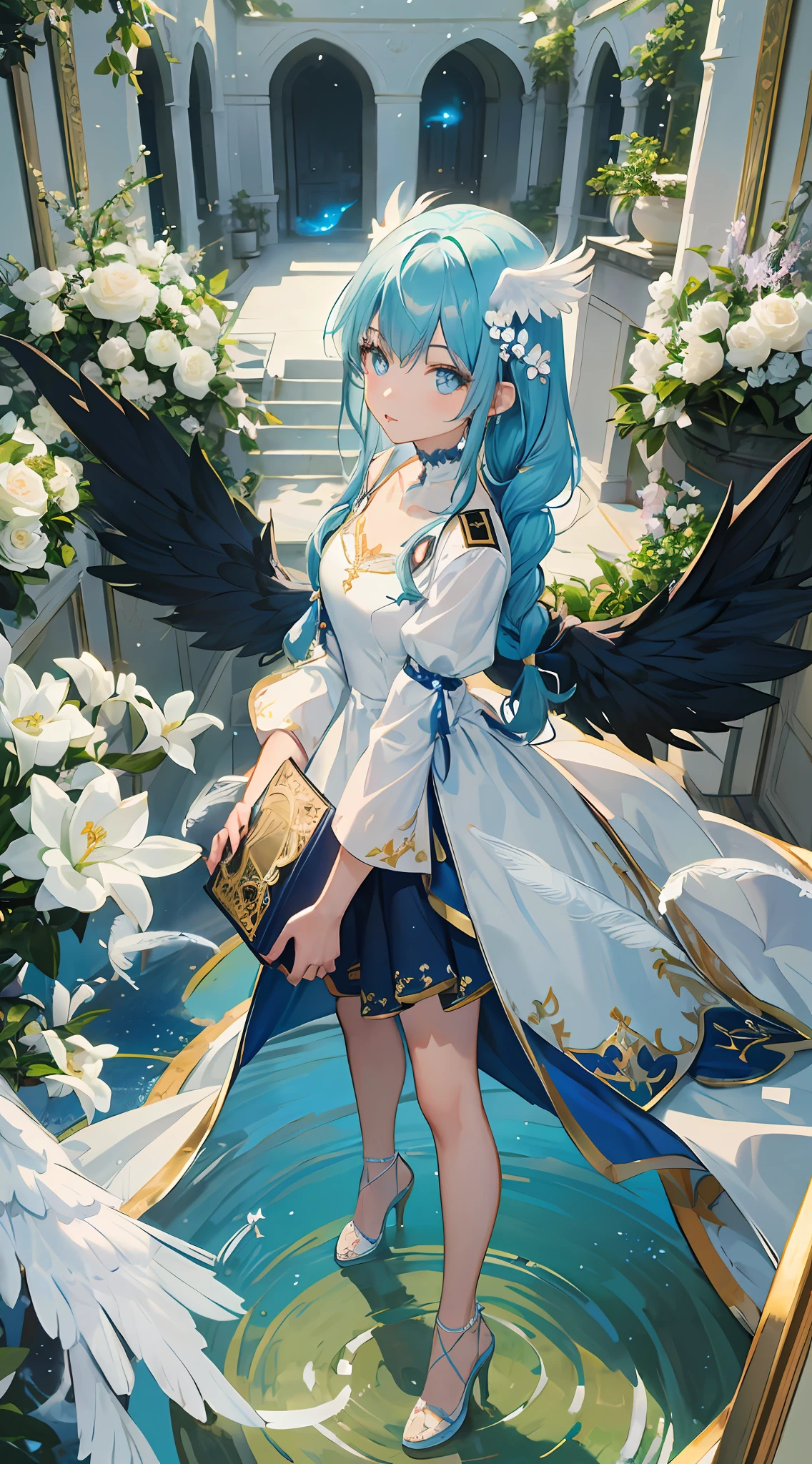 (looking-down),Dynamic Angle,ultra-detailliert, illustratio, gros-plan, Straight, One girl, (Fantasia:1.4), (azure eyes:1.233),(beautiful and delicate eyes:1.1),(Light blue hair:1.14),(Long hair,Braids,hair between eye,side locks), (+(White feathers:1.14)),(Chiffon dress,Blue floral pattern on uniform)(no sleeves),a choker,high-heels,(deadpan,Mouth closure),(to stand), (classical Princess boudoir with dressing tableand french windowin a white ancient palaces),(white blossoms),(a dull blue world tree:1.14),Dreamy,(fluorescent),[Delicate fingers and hands:0.55],(Fine fingers),((Black Angel Wings)),((Holding a light blue book with both hands))