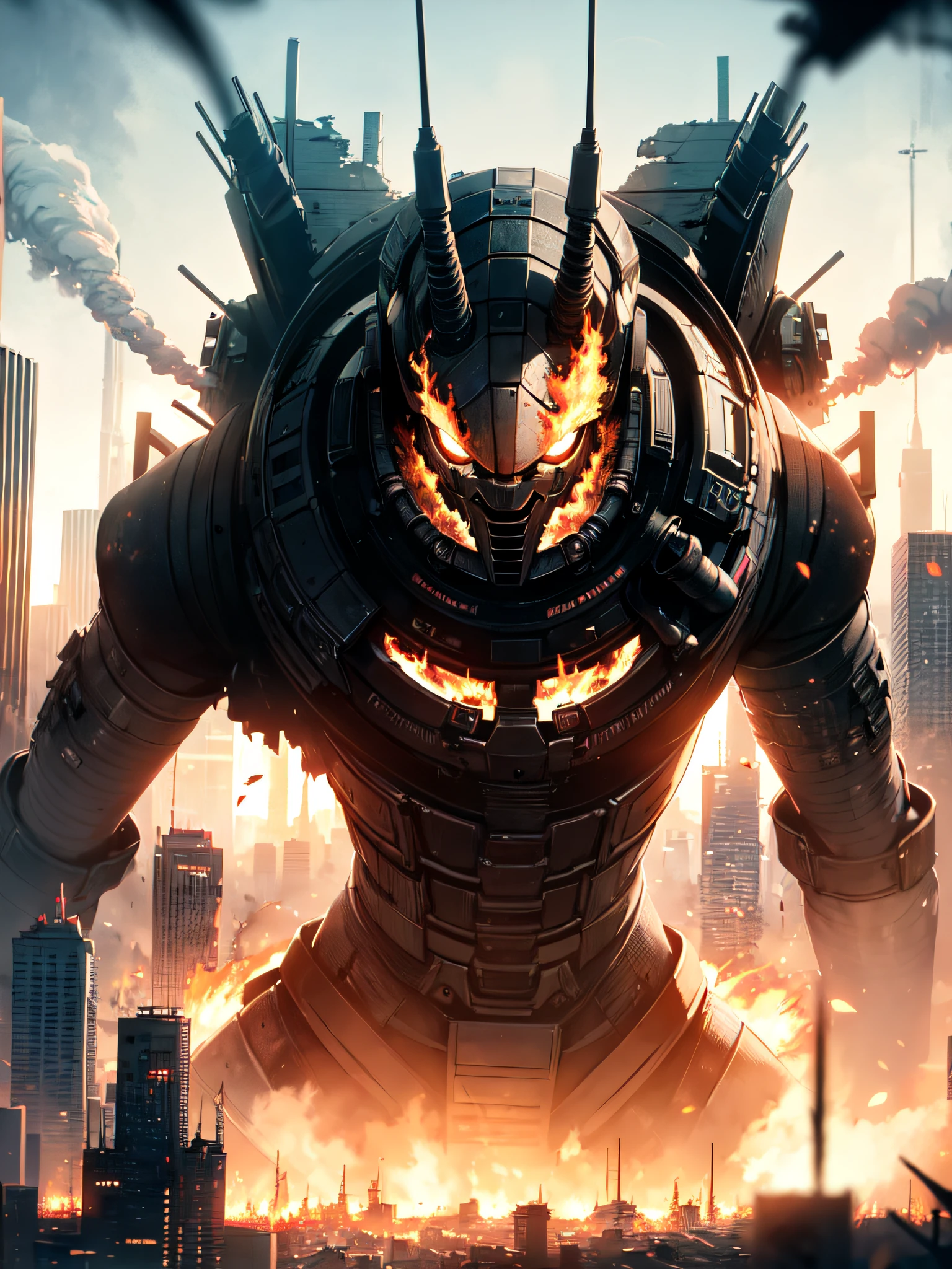 The world's cutest incredibly huge invaders, came from outer space. The destruction of a large city is like a Human trampling an insect. The cityscape begins to collapse. Rising smoke and pillars of fire. apocalyptic thoughts, (Best quality), (masterpiece:1.3), ultra-detailed, sharp shadows, great detail, depth of field, super detailed background, Super-telephoto, Countdown to human extinction.