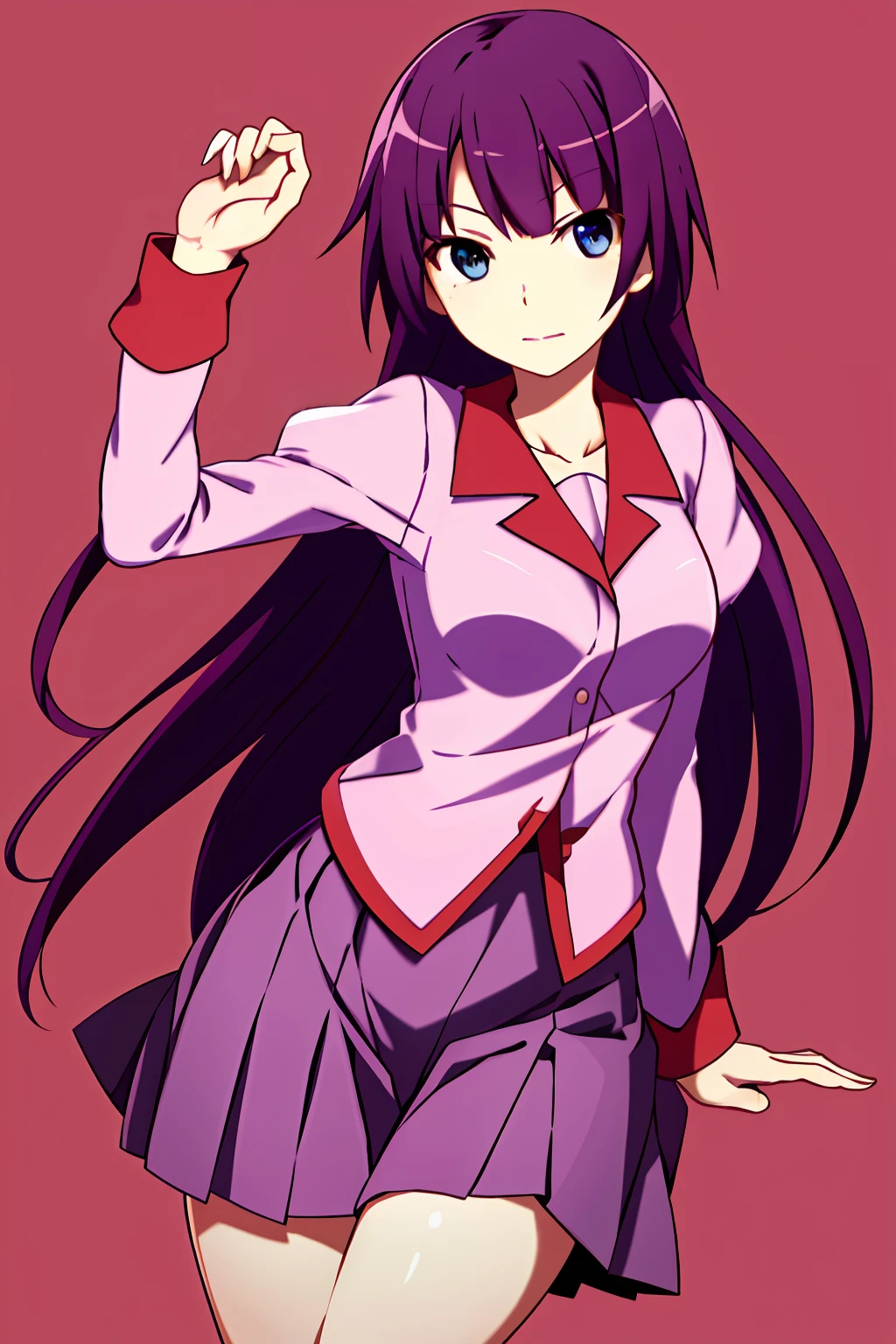 1girll,，Emoji seduction，senjougahara hitagi, Solo, upper legs, Skirt, Long hair, Naoezu High School uniform, Blue eyes, Juliet sleeves, school uniform, Purple hair, shirt, zettai ryouiki, Medium breasts, Very long hair, Purple skirt, Miniskirt，Sit Pose