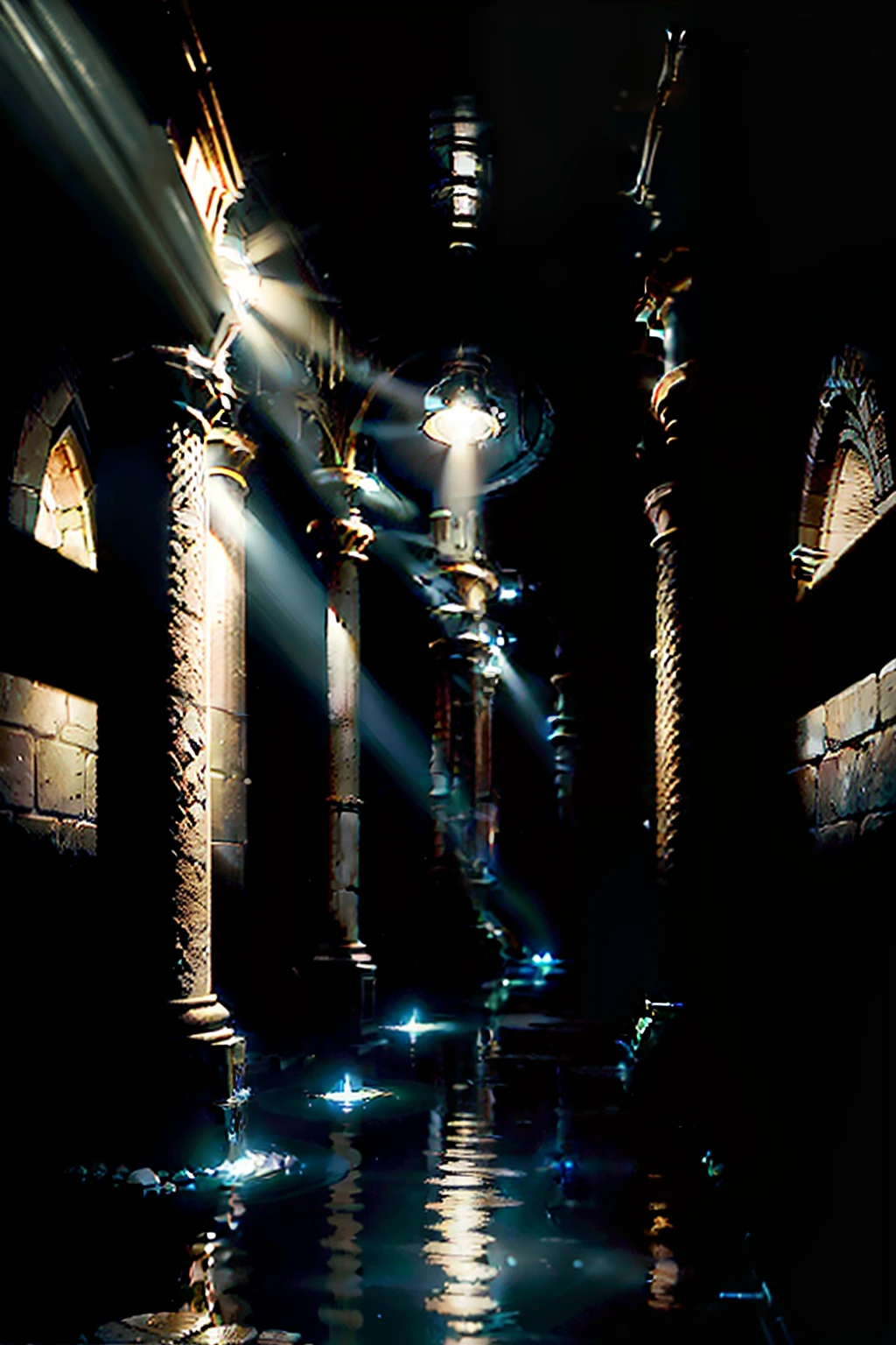 an underground dark tunnle, water in bottom, gleam of lights, tall columns, shadow and dark era, aestethic, realistic, gloomy --ar 4:5