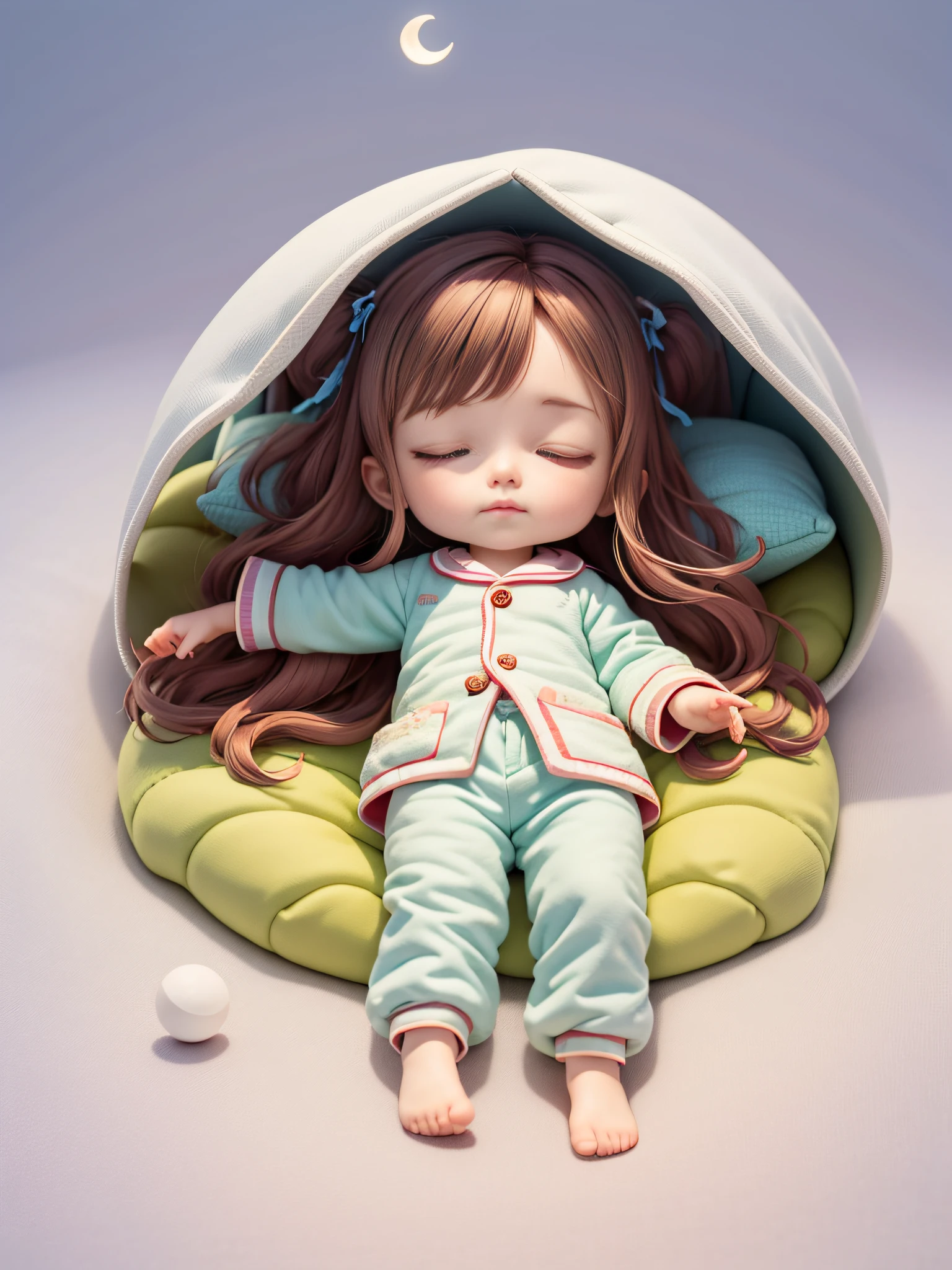 Sleeping girl, 22 years old, realistic, wearing oversized pink pajamas, holding green long-necked dinosaur ragdoll with brown hair.