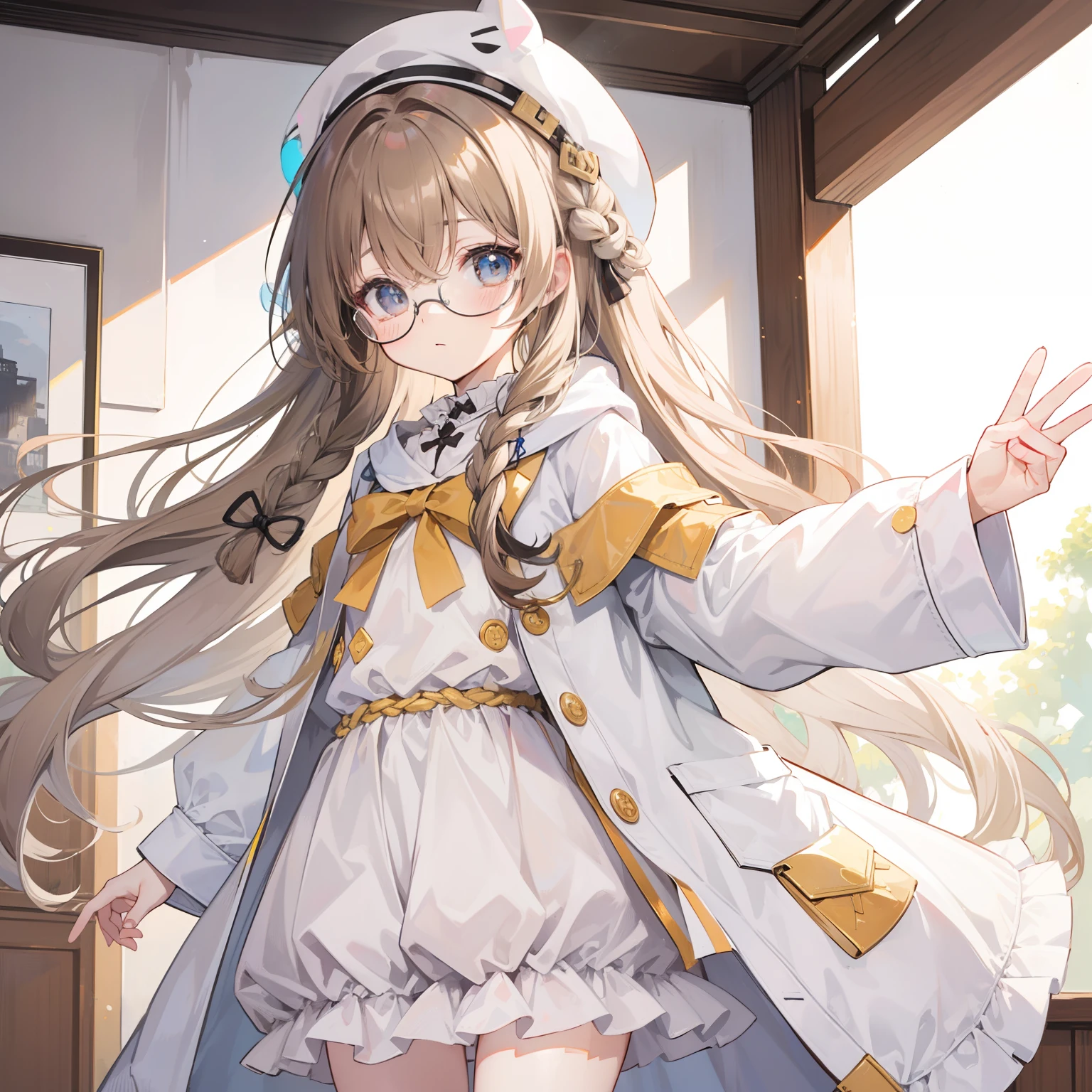 light-brown long hair,Slightly powdery twist,Milky white milky cotton coat,This is a cute little loli with glasses