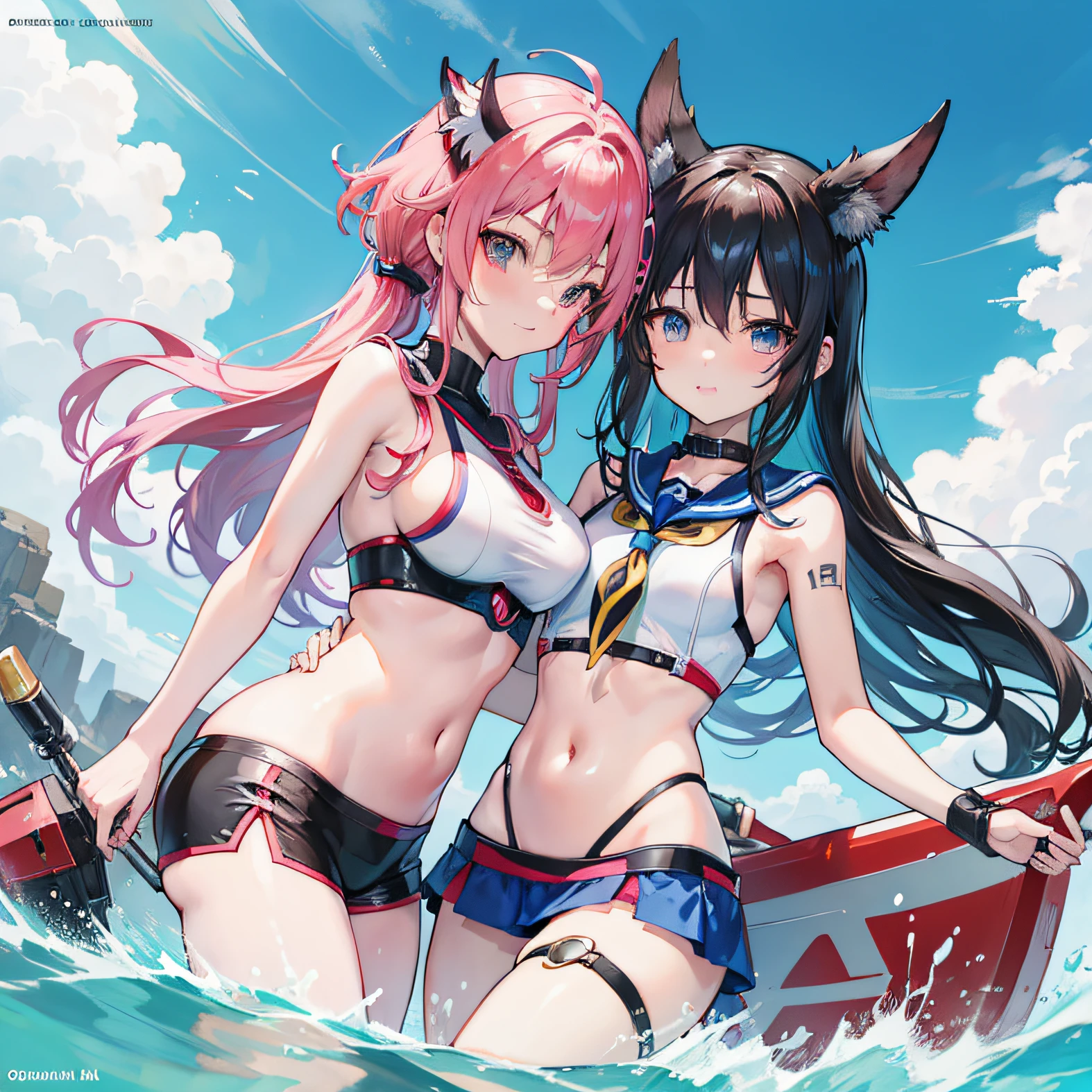 slingshot swimsuit, Anime image of two women in bikinis holding surfboards on background, Ecchi anime style, anime moe art style, Ecchi style, Kantai Collection Style, two beautiful anime girls, ikki tousen, Ecchi, Anime Girls, Twin-tailed, Lori, oppai, konosuba anime style, 8K!!, Wearing shiny Morven armor,Harness the behemoth of the ancient flood,It is an alien general with black hair,She is also a cute and cute little sister