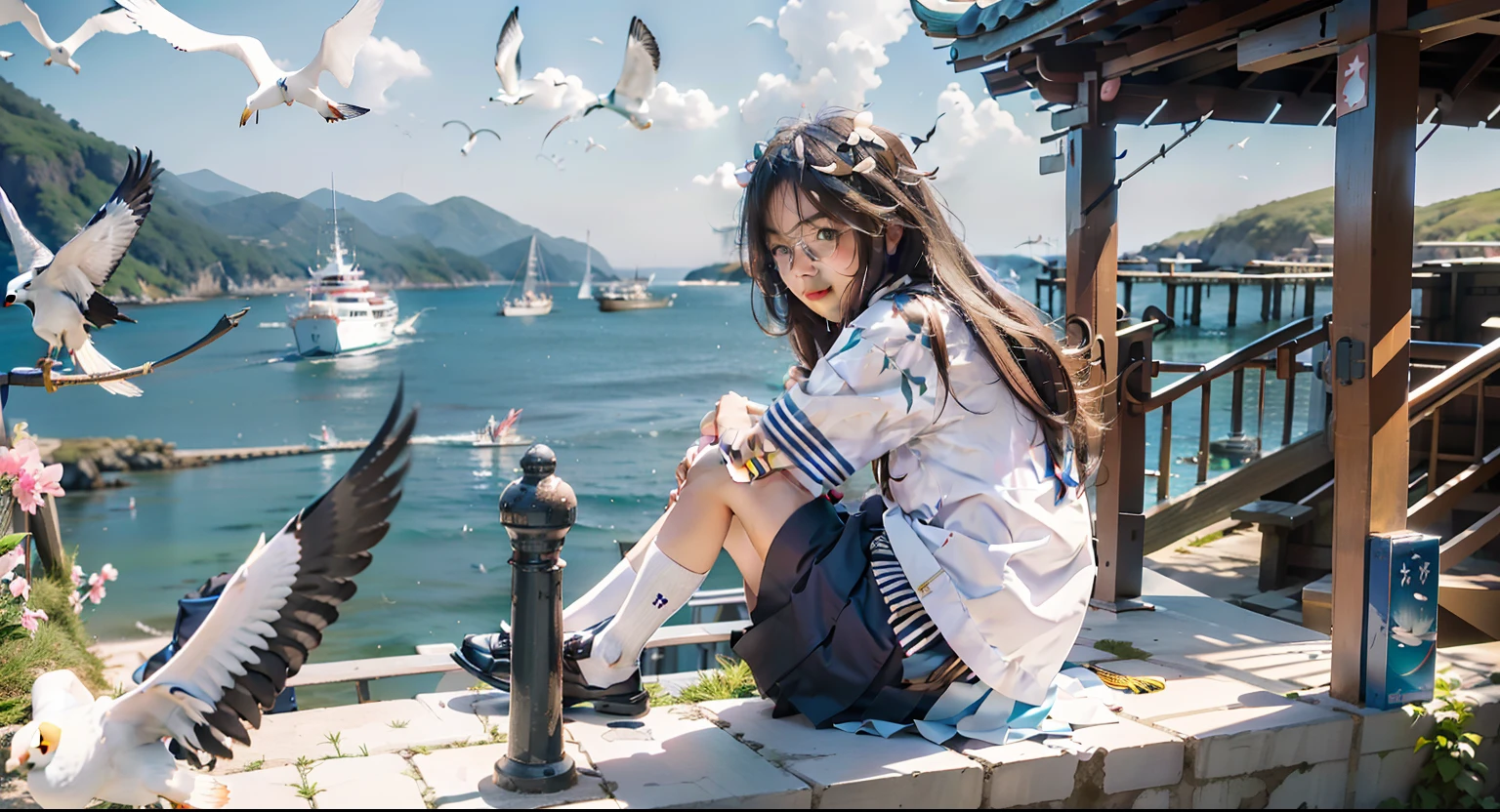 Girl standing on the beach, pirate boat in the background, masterpiece, best quality, (extremely detailed unity 8k CG wallpaper), (best quality), (best illustration), (best shadow), absurdities, realistic lighting, (Abyss), beautiful detailed brightness.