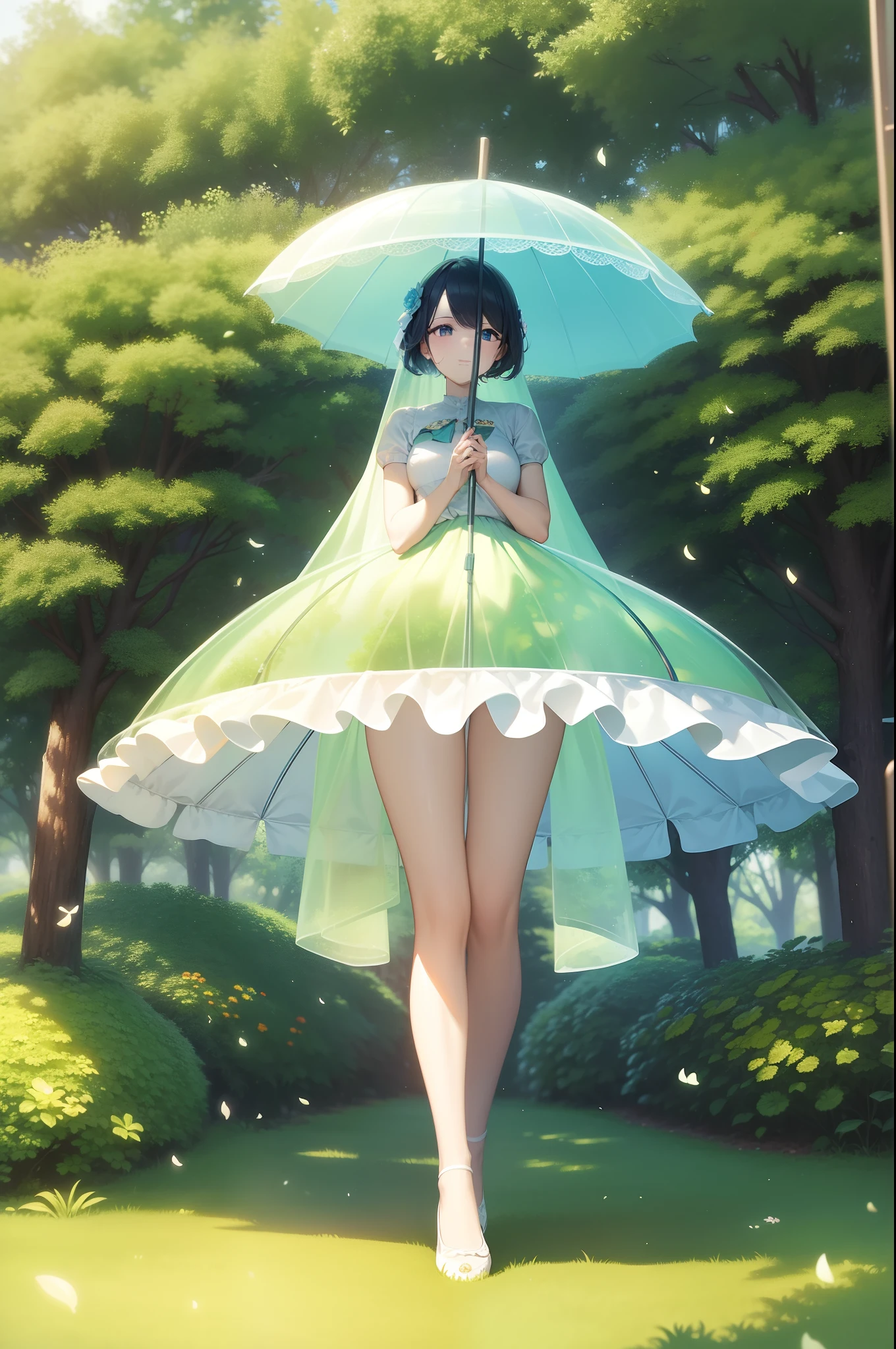 Ultra Detail,High quality,Photorealsitic,surrealism、Floating in the forest、Colorful parasols、Transparent parasol, Fluffy flying like a jellyfish, Creates a beautiful shade on the ground