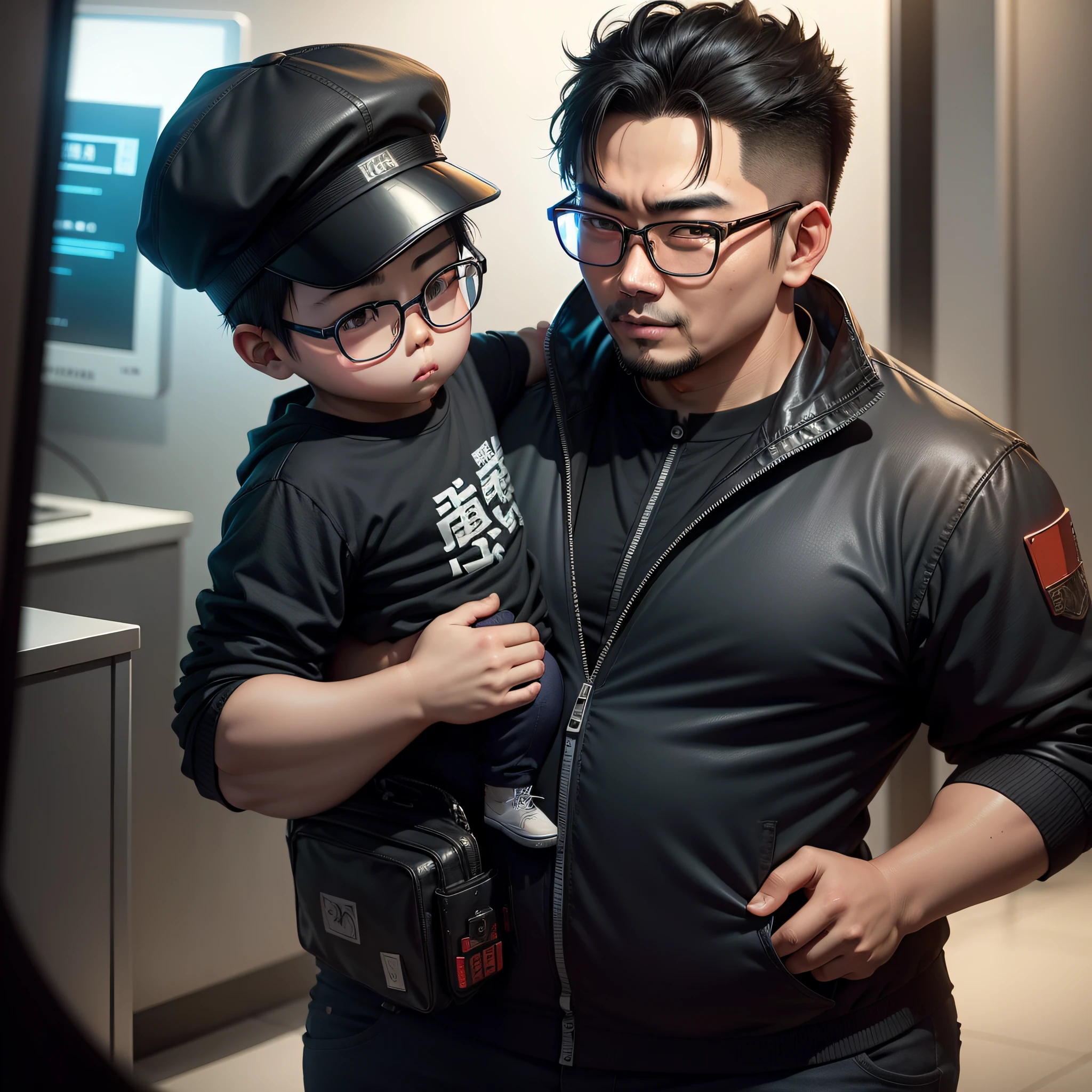 Chinese Daddy Slightly chubby round face Thick black frame glasses Cyberpunk