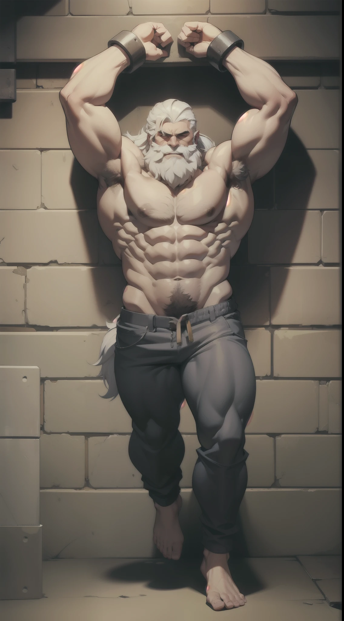 Full body of bearded shirtless topless old muscular prisoner arms chained over the head in a dark basement prison, strong chest, strong arms, large muscles, white hairs, white beard, muscular, thick abs, pectorals, thick stomach, navel, large pectorals, thick wrists, smiled, casual grey pants with a lion sybol, both arms up, hands chained over the head, chains from ceiling, showing armpits, hairy body, man bun hairstyle, big body, hulk body, heavy muscular