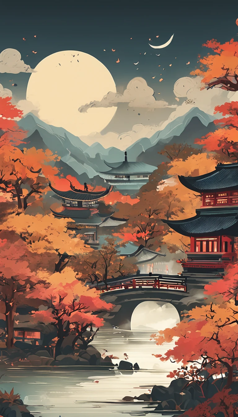autumnal,Full moon,traditional Chinese festivals,An idyllic Chinese mural, Light white style, Layered landscape, japanese style art, monumental murals, Ricoh FF-9D, Golden Age aesthetics, Exotic landscape