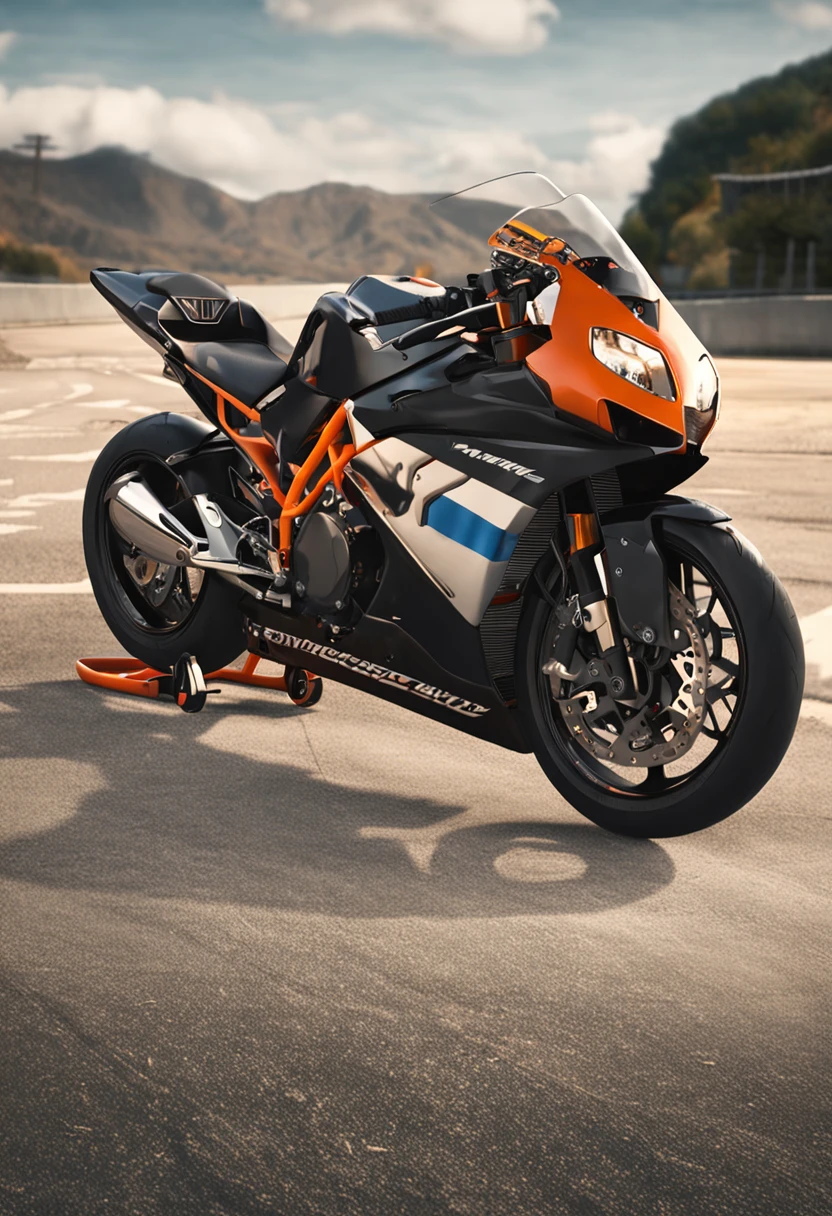 Create a photo of a sports motorcycle standing on a racetrack made by KTM.