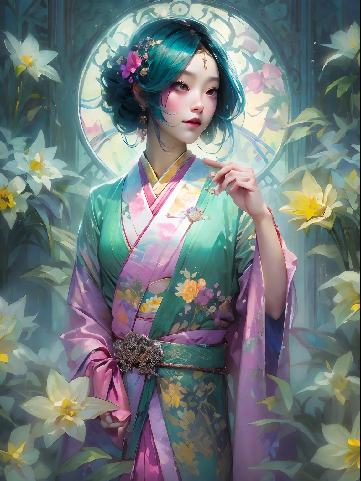HighestQuali,tmasterpiece:1.2,Detailed details,4K,A beautiful painting of ladies,Her purple hair was surrounded by flowers, inspired by Lin Liang, Trend of CGsociety, arte figurativa, tyrus wong, daffodil, amarelo、blue and cyan colors, author:tom bagshaw, Japanese woman, Song Dynasty