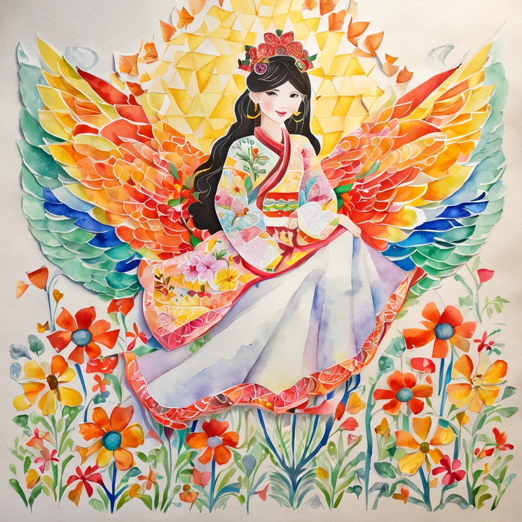 (FULL BODYSHOT:1.4), colorfull background, (1 vietnamese young girl, aodai, nhat binh, nhat binh dress, Glowing wings, Halo, Exquisite headdress, Smile), (paper art, Quilted Paper Art, Geometry), highly colorful