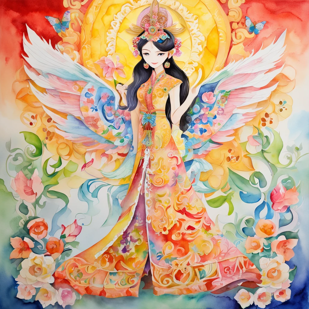 (FULL BODYSHOT:1.4), colorfull background, (1 vietnamese young girl, aodai, nhat binh, nhat binh dress, Glowing wings, Halo, Exquisite headdress, Smile), (paper art, Quilted Paper Art, Geometry), highly colorful