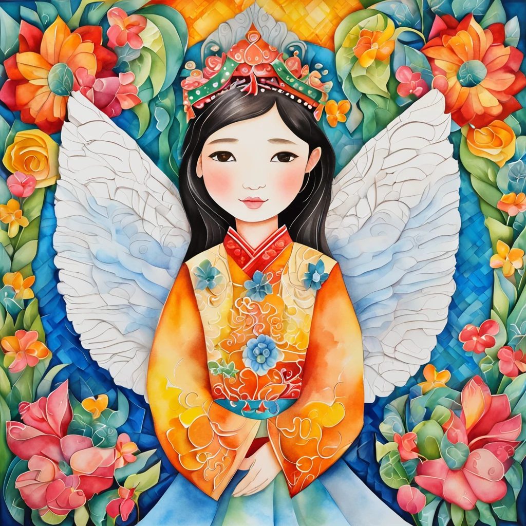 (FULL BODYSHOT:1.4), colorfull background, (1 vietnamese young girl, aodai, nhat binh, nhat binh dress, Glowing wings, Halo, Exquisite headdress, Smile), (paper art, Quilted Paper Art, Geometry), highly colorful