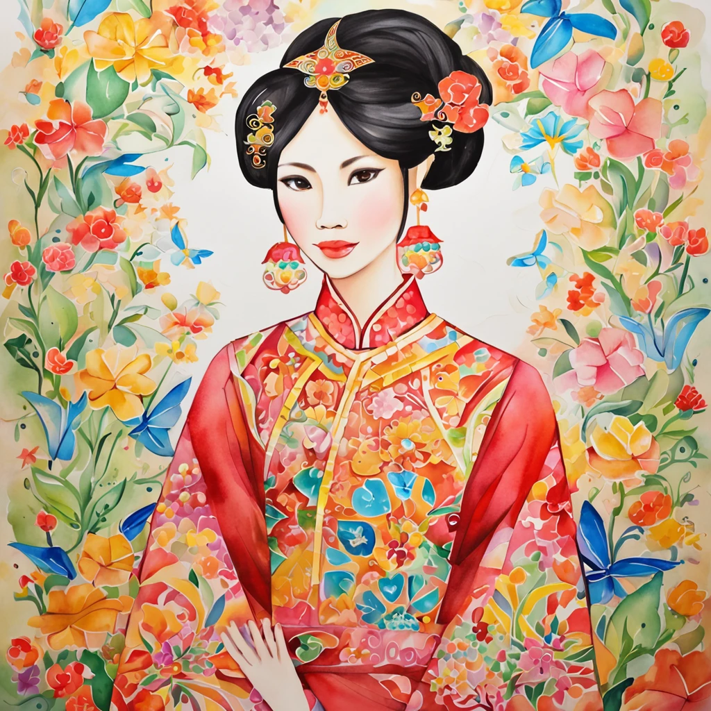 (FULL BODYSHOT:1.4), colorfull background, (1 vietnamese young girl, aodai, nhat binh, nhat binh dress, Glowing wings, Halo, Exquisite headdress, Smile), (paper art, Quilted Paper Art, Geometry), highly colorful