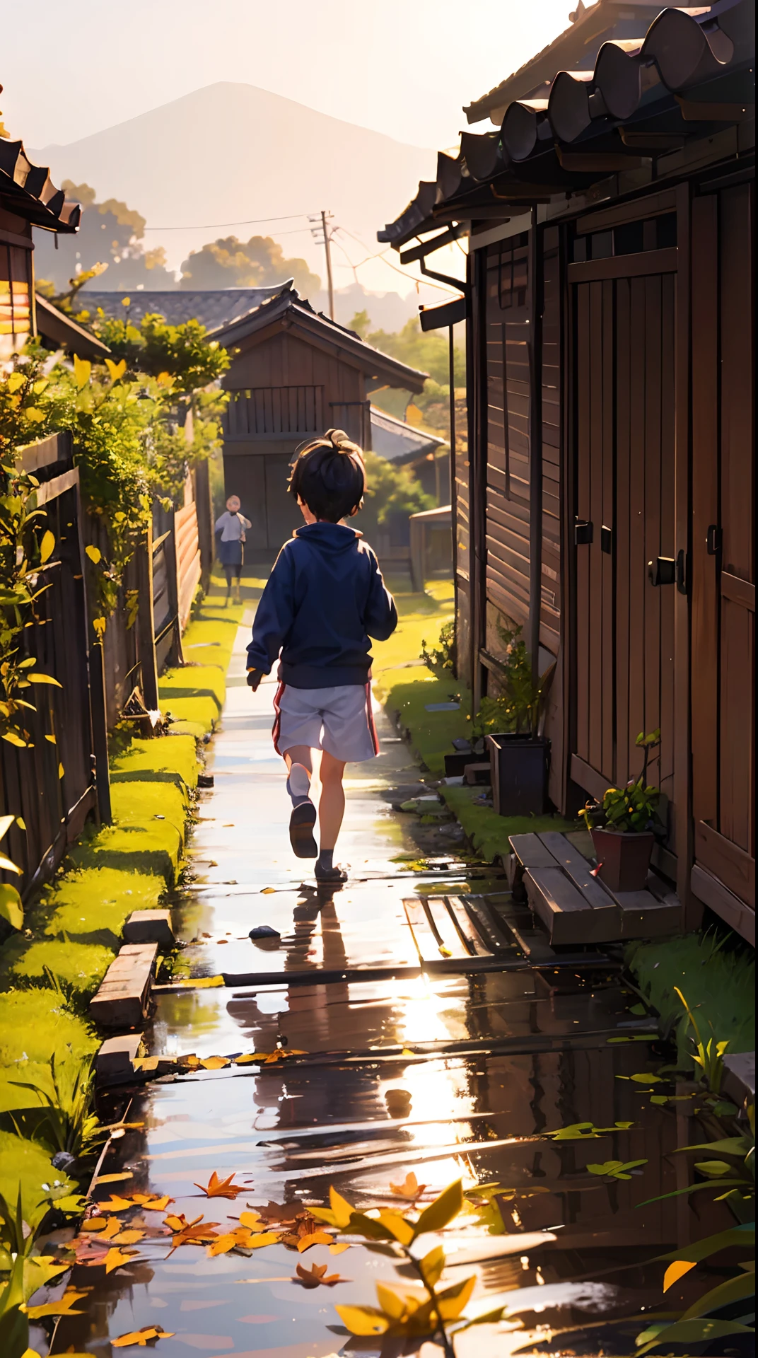 Autumn evening、Little muddy and shota running with a smile on the ridge road of the rice field --auto