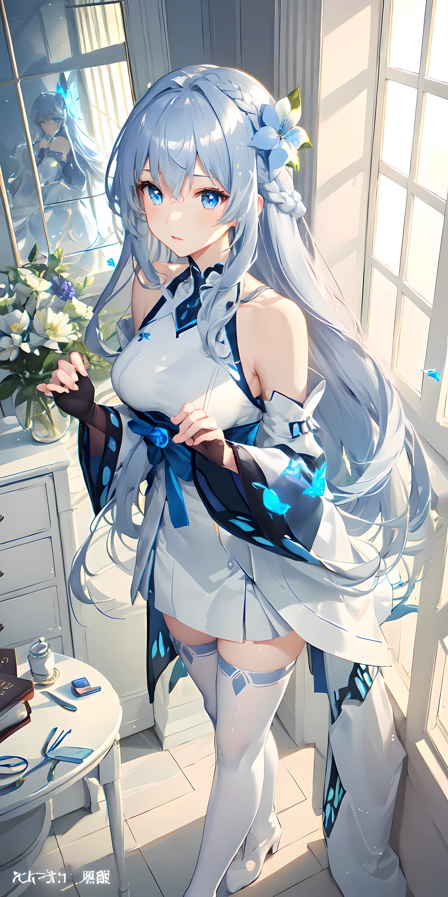 (Overhead view),dynamic angle,ultra-detailed, illustration, close-up, straight on, 1girl, (fantasy:1.4), (azure blue eyes:1.233),Her eyes shone like dreamy stars,(glowing eyes:1.233),(beautiful and detailed eyes:1.1),(Silver hair:1.14),(messy hair,very long hair,french braid,hair between eyes,sidelocks), (+(bule hair flower:1.14)),(chiffon dress,bule flower pattern in uniform)/=(military uniform:1.24),(detached sleeves,wide sleeves),(fingerless gloves),choker,(miko thighhighs),High heeled boots,(expressionless,closed mouth),(standing), (classical Princess boudoir with dressing tableand french windowin a white ancient palaces),(white flowers,bloom),(abysmal sea),(flowing water),(a dull blue world tree:1.14),(ruins),(night:1.2),dreamy,soul,(fluorescence),(flying translucent blue butterflies:1.15), [[delicate fingers and hands:0.55]::0.85],(detail fingers),(yubao:0.5),
