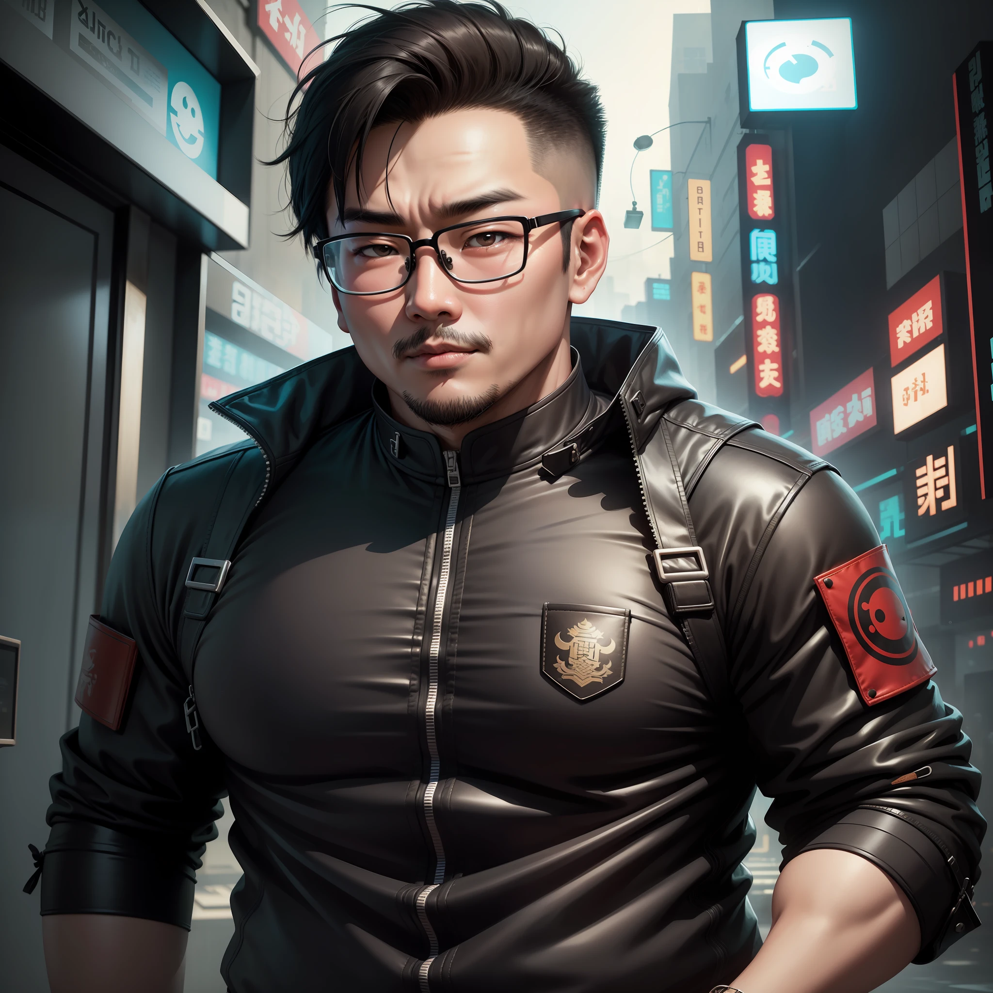 Chinese Daddy Slightly chubby round face Thick black frame glasses Cyberpunk