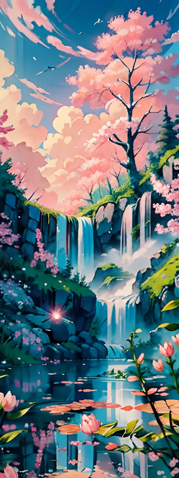 （A landscape painting full of illusory artistic conception）,（High waterfalls fall from the sky）,The waterfall occupies eighty percent of the length of the entire picture,Above the waterfall is the blue sky,Rolling white clouds,Below the waterfall is a pond,（There are a lot of scattered ones floating on the surface of the pond(Pink peach blossoms:1.3)of flowers）,（There is a patch by the pond(Peach grove:1.3),(Pink big breasts:1.2)of flowers）,（The setting sun shines obliquely through the clouds）,vivd colour（Light particle effect）,（Masterpiece）,（Extremely detailed picture description）,（8k wallpaper）,（Master painting）,（Ink painting style）,（Noticeable light and shadow effects）,（Ray traching）,（Obvious layers）,（depth of fields）,（best qualityer）,Ray