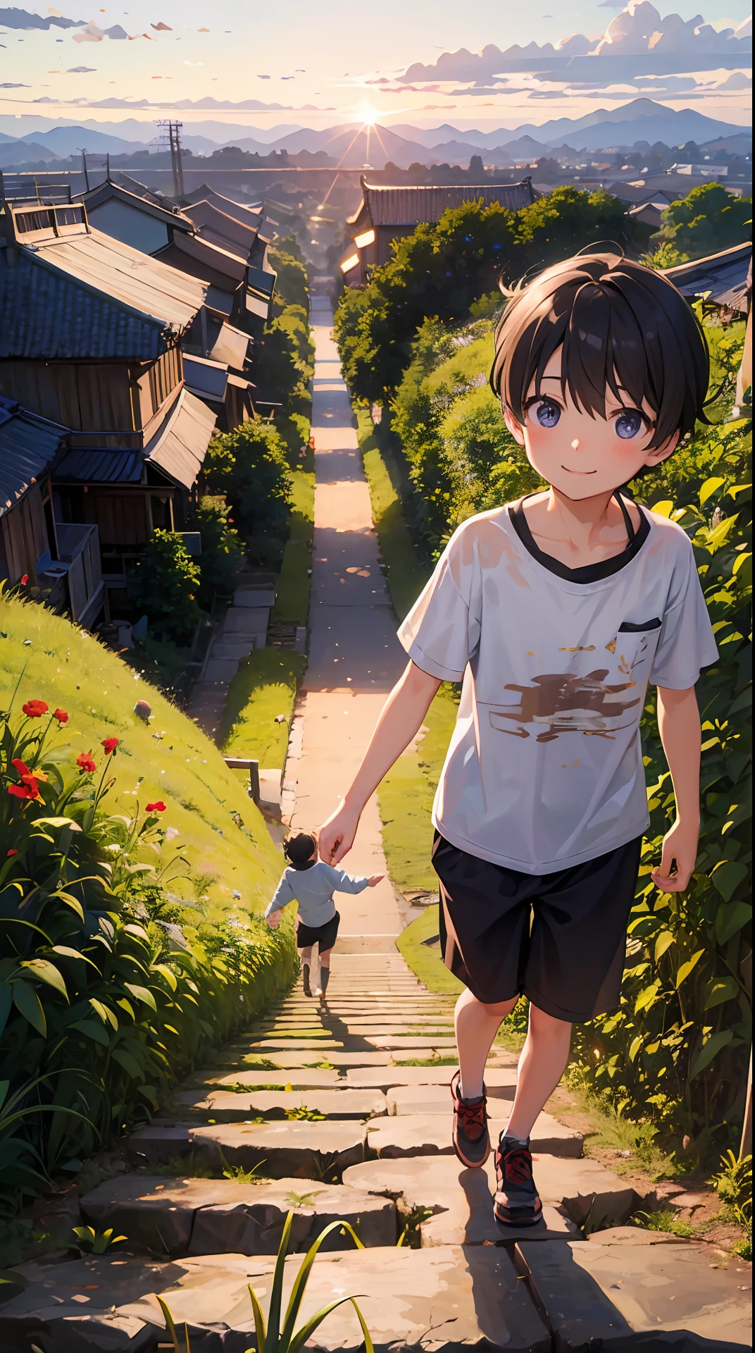 Autumn evening、Little muddy loli and shota running with a smile on the ridge road of the rice field --auto