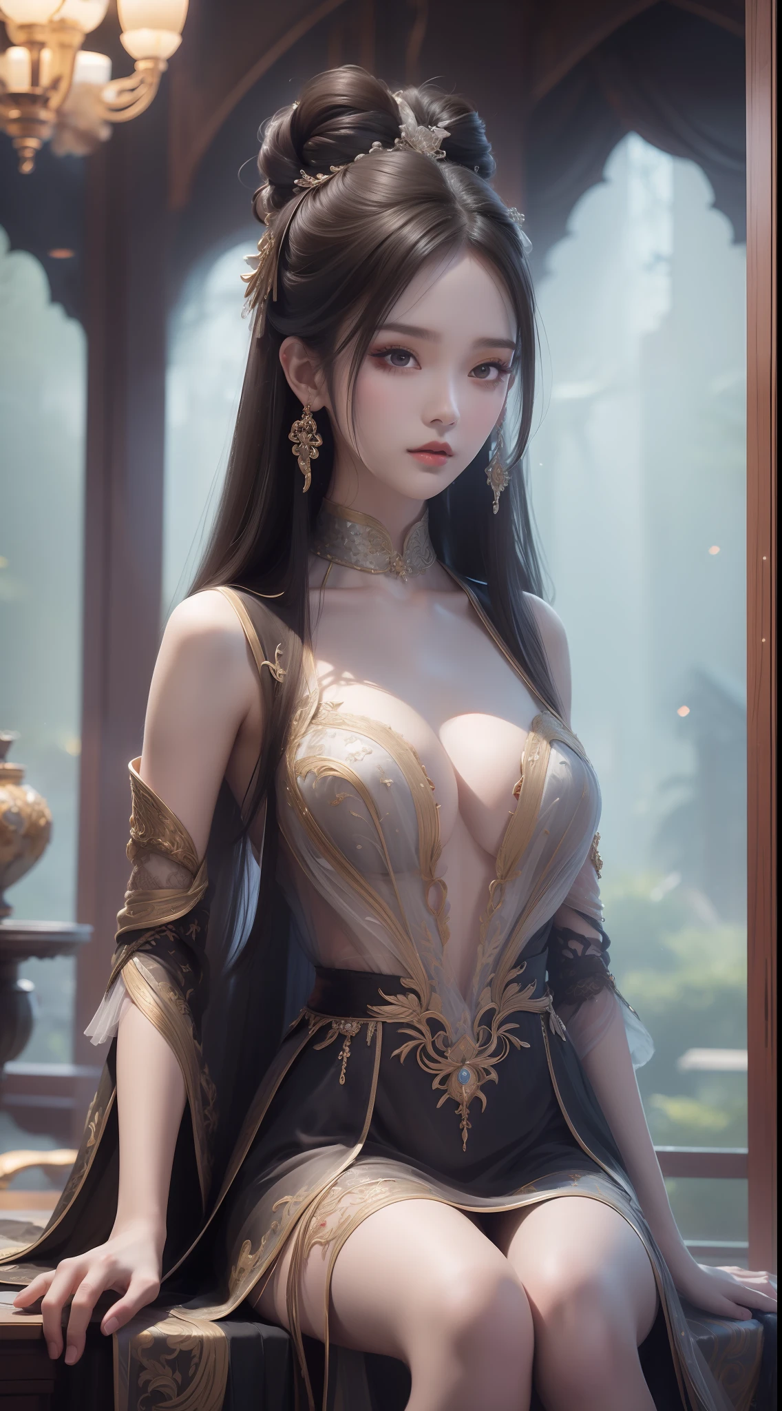A girl，年轻，Black color hair，horse tailed，Wearing a white tulle dress，A layer of clothing，ssee-through，Looming skin，Hanfu style，Exposed cleavage，D-cups，High quality white stockings，real silk，Raised sexy，inside in room，Sitting，独奏，best qualtiy，best illuminate，Highest high resolution，16k，Meticulous details，