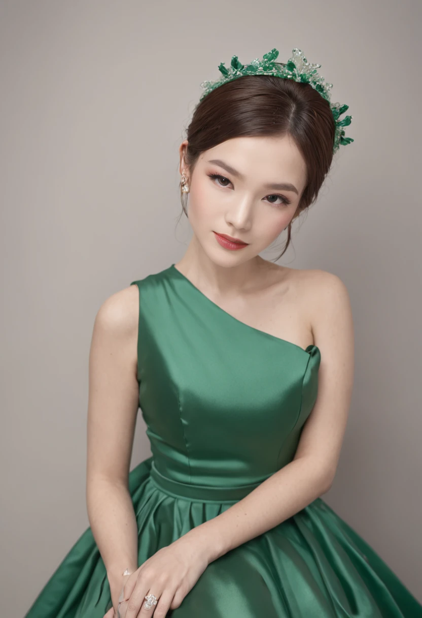 Green Pearl Necklace, Satin green long gloves, lipsticks, Green shorthair, satin, Green dress, bride, the kiss, A smile