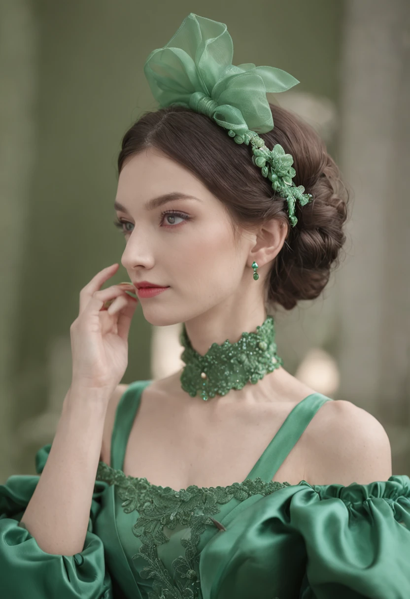 Green Pearl Necklace, Satin green long gloves, lipsticks, Green shorthair, satin, Green dress, bride, the kiss, A smile