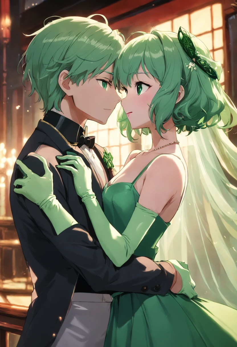 Green Pearl Necklace, Satin green long gloves, lipsticks, Green shorthair, satin, Green dress, bride, the kiss, A smile
