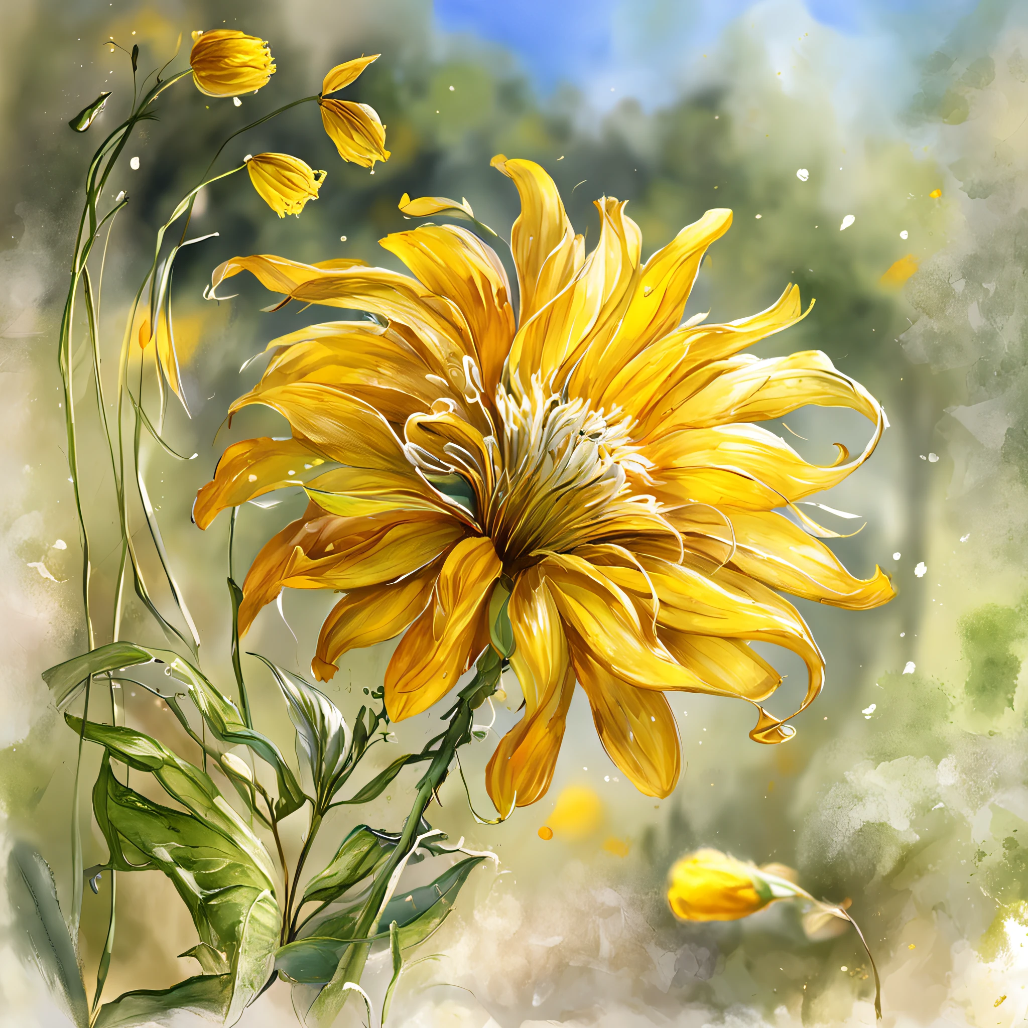 "An enchanting yellow flower, rendered in vivid detail using Unreal Engine 5. Captured in a cinematic composition from a low angle, showcasing the graceful motion blur and mesmerizing depth of field."