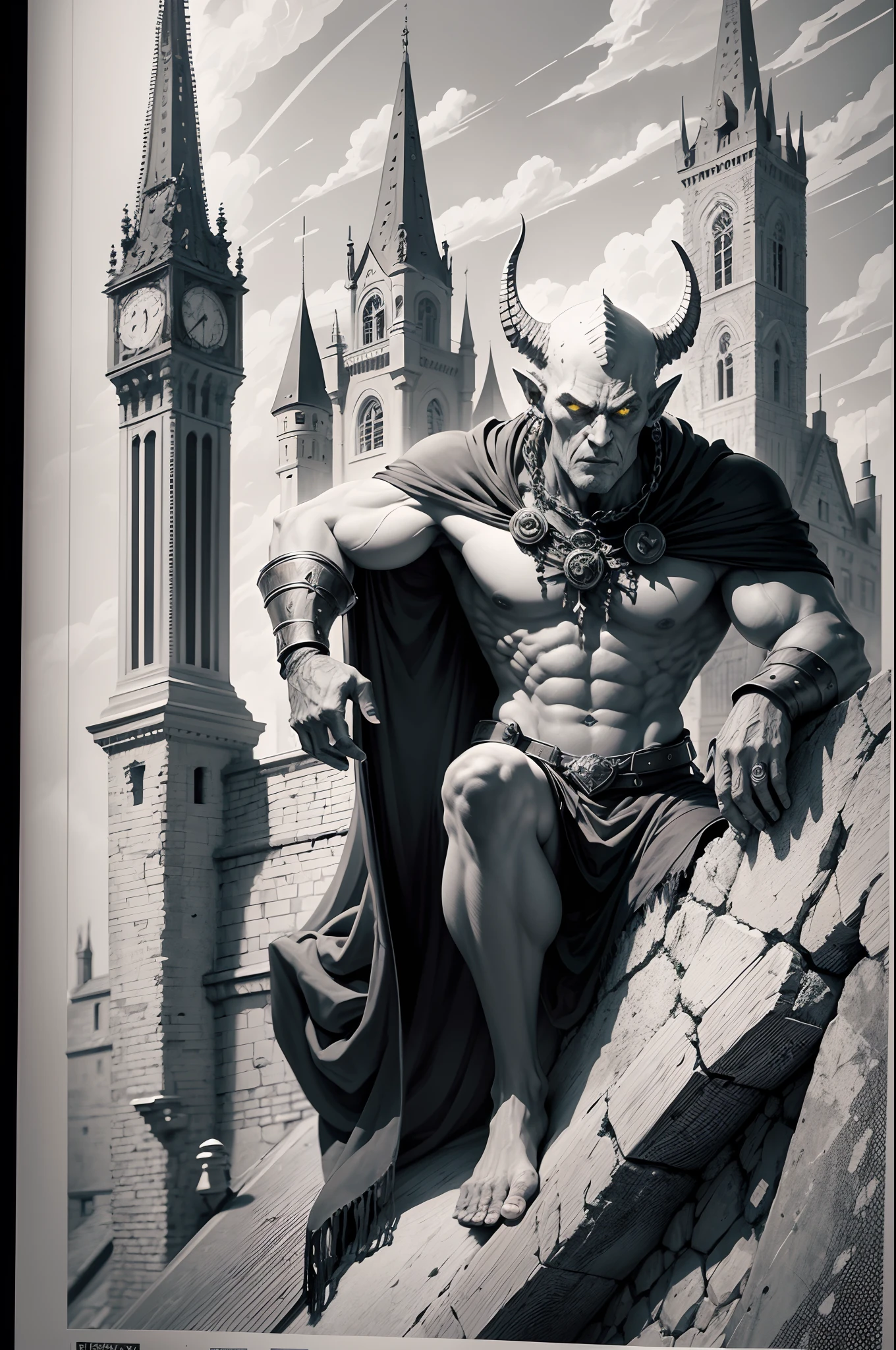 A coloring book page for adults, clean line art, a vector image, a medieval gargoyle attached to a castle ledge, gothic dark fantasy, black and white, a white background --auto --s2