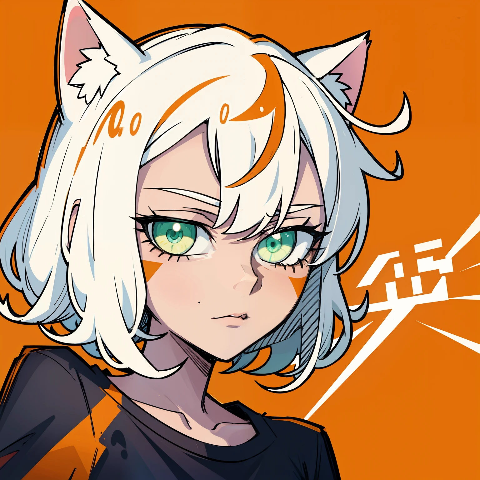 portrait, half body, 1girl, medium white hair, orange cat ears, relaxed, looking at viewer, black t-shirt, spoken heart, beautiful green eyes, intircate details