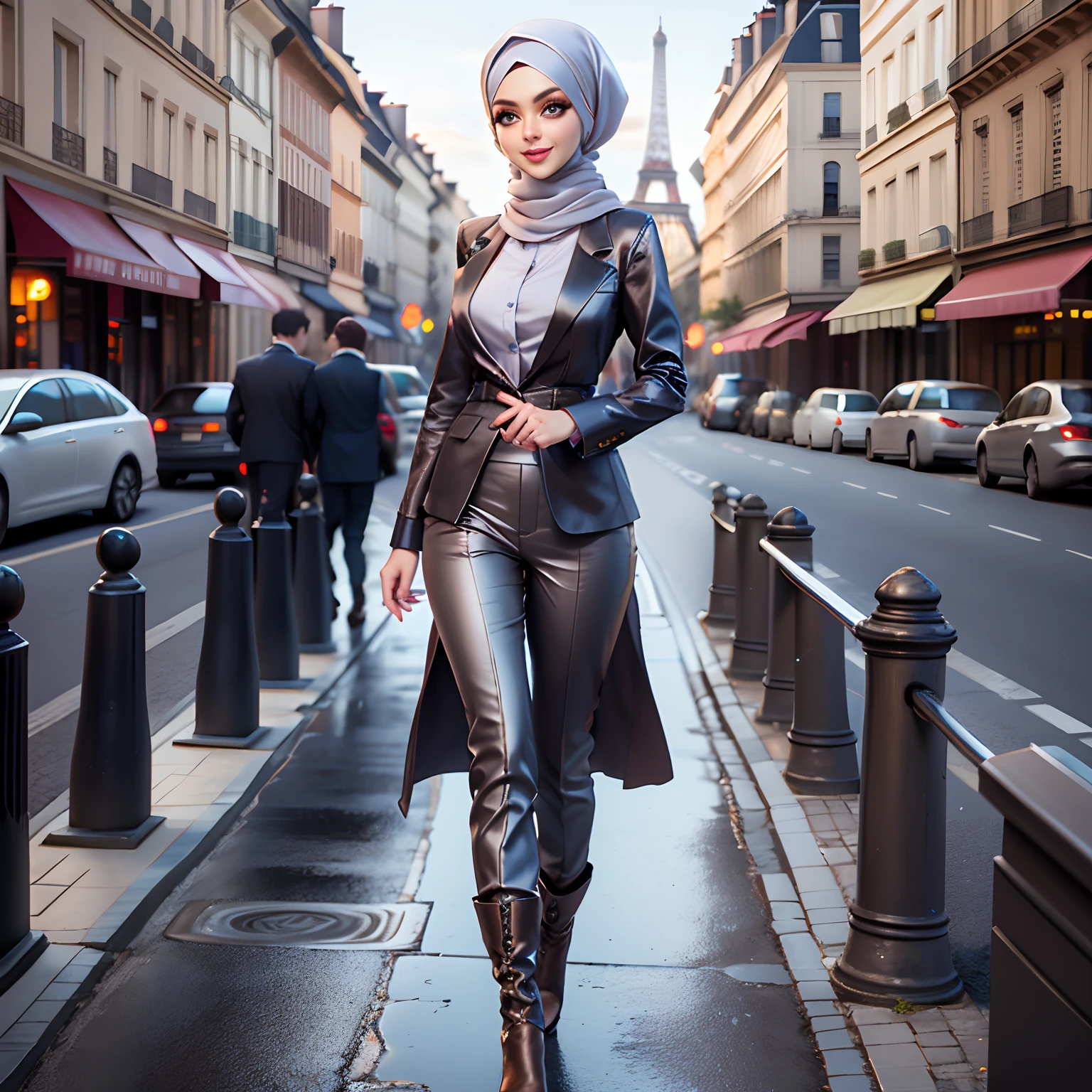 Masterpiece, Best Quality, 3D Rip Artwork, 3DMM Style, Portrait, Realism, a woman beautifully makeup, eyeshadow, Parted Lips, Detailed Eyes, beautiful big eyes, long eye lashes, smile wearing (gray satin headscarf)), loosely tide hijab style, ((brown satin shirt)), satin long pants, long blazer, high cut boots, floppy hats, walking on street, Eiffel tower view