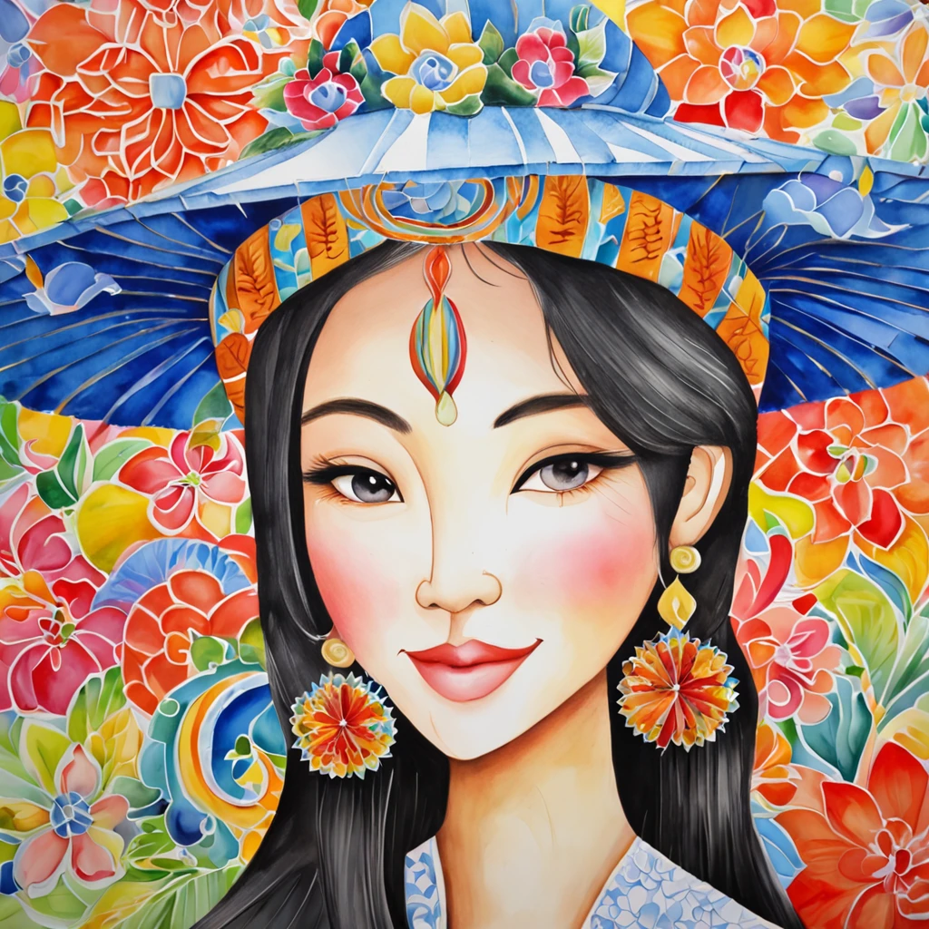 (FULL BODYSHOT:1.4), colorfull background, (1 vietnamese young girl, aodai, nhat binh, nhat binh dress, Halo, Exquisite headdress, Smile), (paper art, Quilted Paper Art, Geometry), highly colorful