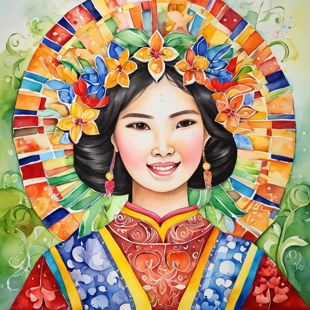 (FULL BODYSHOT:1.4), colorfull background, (1 vietnamese young girl, aodai, nhat binh, nhat binh dress, Halo, Exquisite headdress, Smile), (paper art, Quilted Paper Art, Geometry), highly colorful