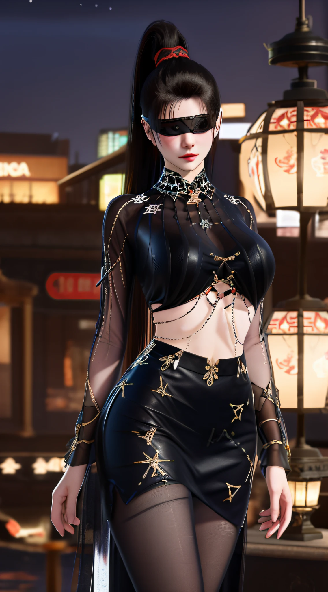 1girll,（full bodyesbian），Mature female, YJW Jinning Red Industry XXJZZJ,Cityscape, Night,jewelry, Blindfold, High ponytail, Pantyhose, Cowboy shot, ribbon,