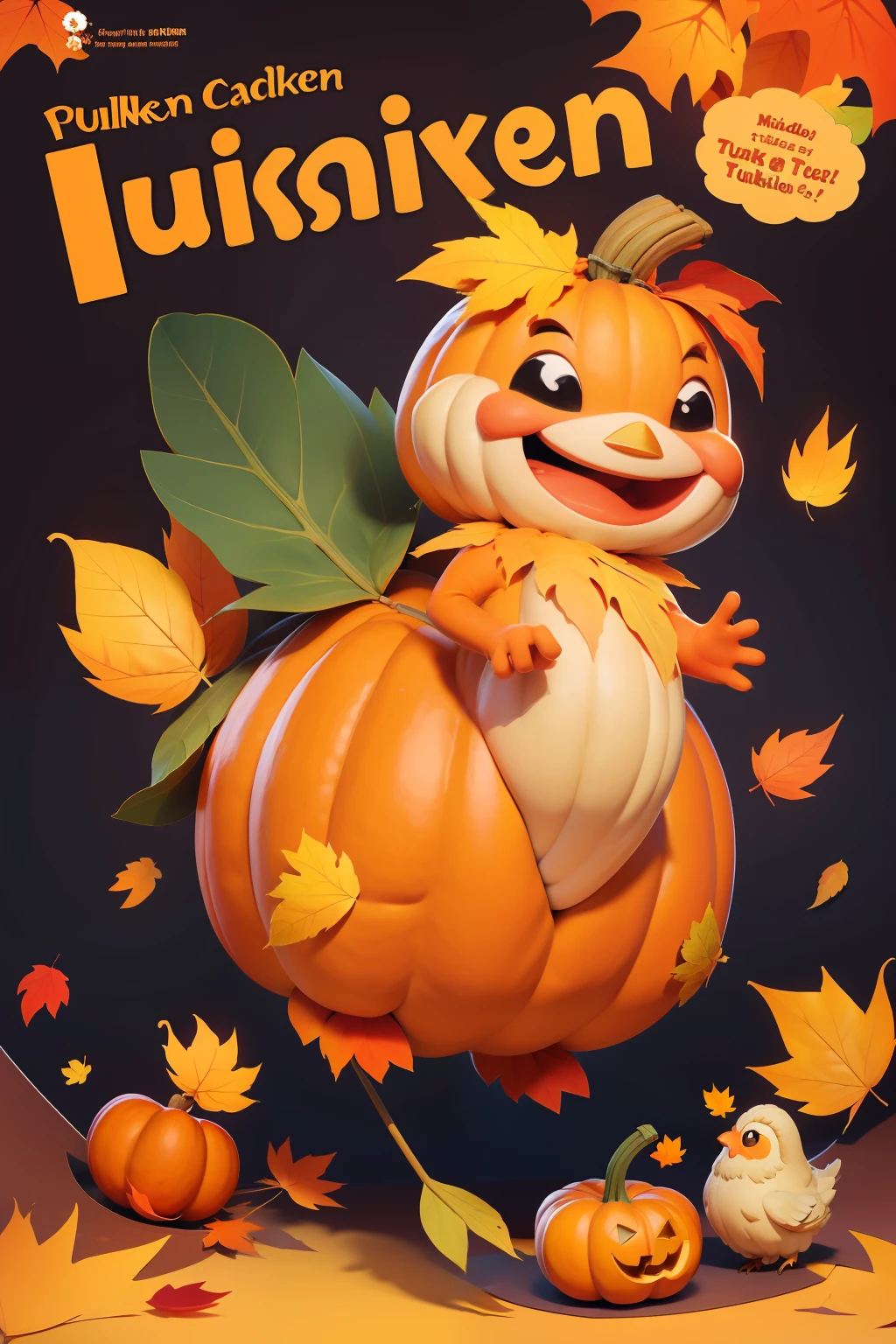 kids illustrations, cute front cover page with cute cartoon happy coloful turkey with large turkey feathers, pumpkins and fall colorful leafs