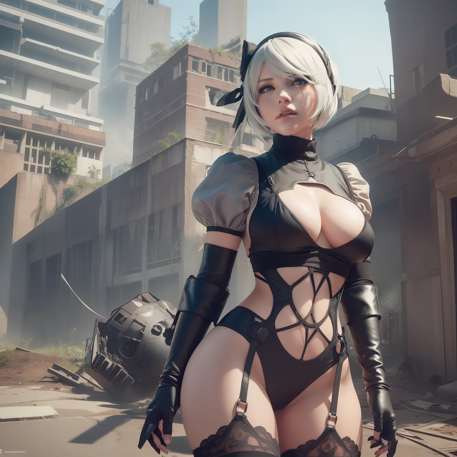 (((2b of Nier the automata ))) (((peito grande)))seio grandes, Corpo perfeito, Pose quente,Retrato de corpo inteiro ,As an unrealistic engine rendering style, esthetic, Momento surpreendentemente bonito e sincero,(((uma menina cheia))) Vintage Body Aesthetics, corpo inteiro,In the background are destroyed robots ,35mm film feel, 16k, lumen –ar 9:16 –v 5.1 –q 2 –c 6 –gross ,Grande estilo, coxas torneadas sem roupa