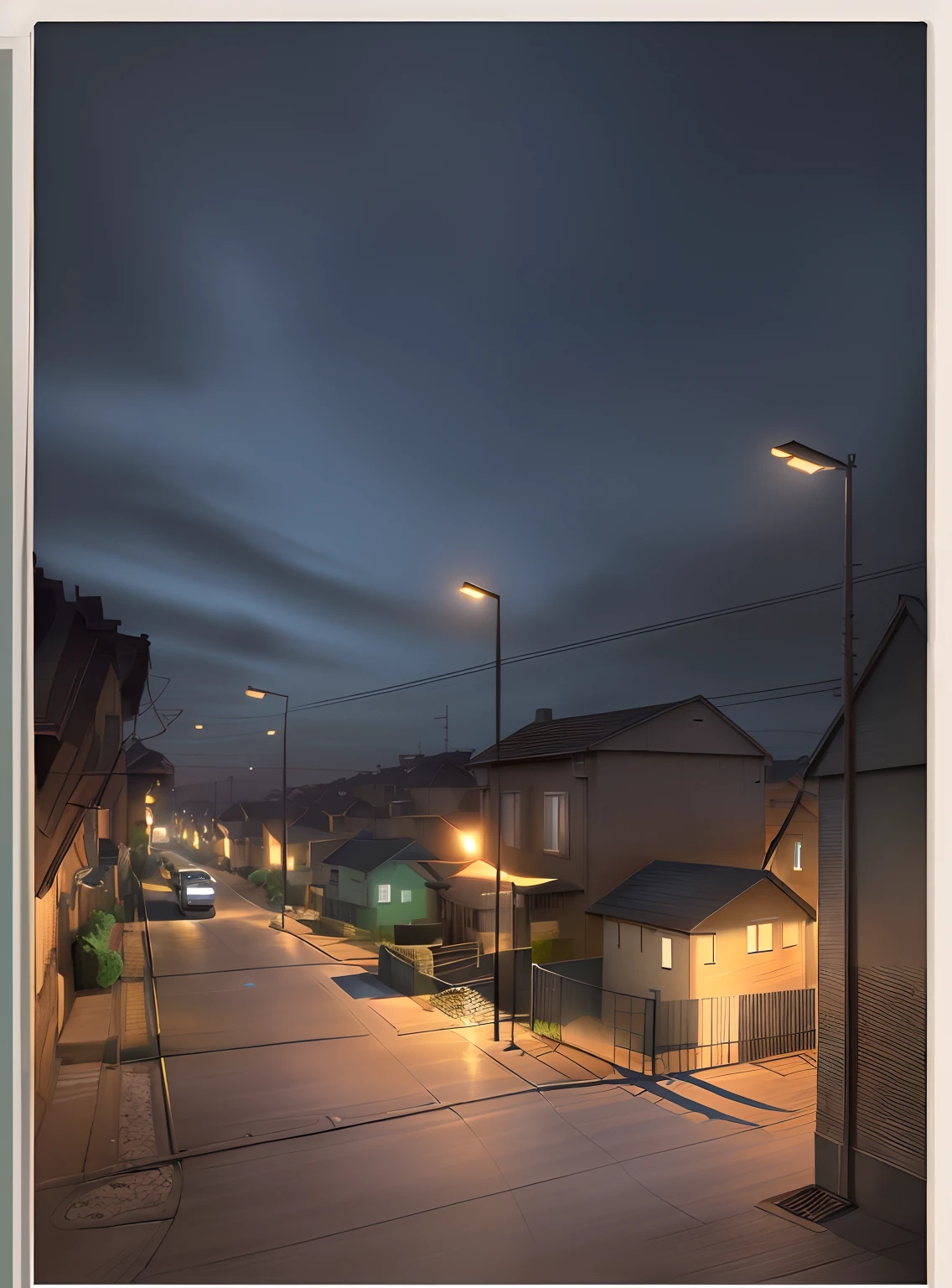 A sketch of a street with several houses and a street lamp, detailed but rough, accurately drawn details, street perspective, Sketchy, establishing shot, Street background, wide establishing shot, Rough sketch, drawn with photoshop, Short perspective, overlap perspective, Streets, view from the streets, streetview, standing in township street, standing in a township street, concept-art